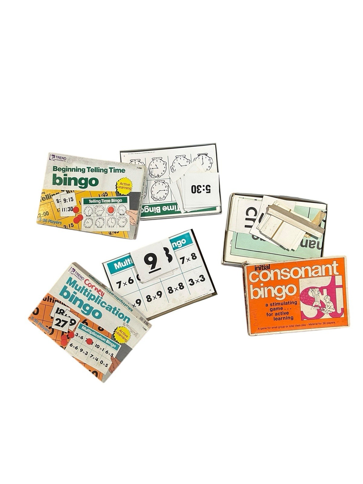 LOT Of 1980s Learning Bingo Games, Consonants, Telling Time, Multiplication