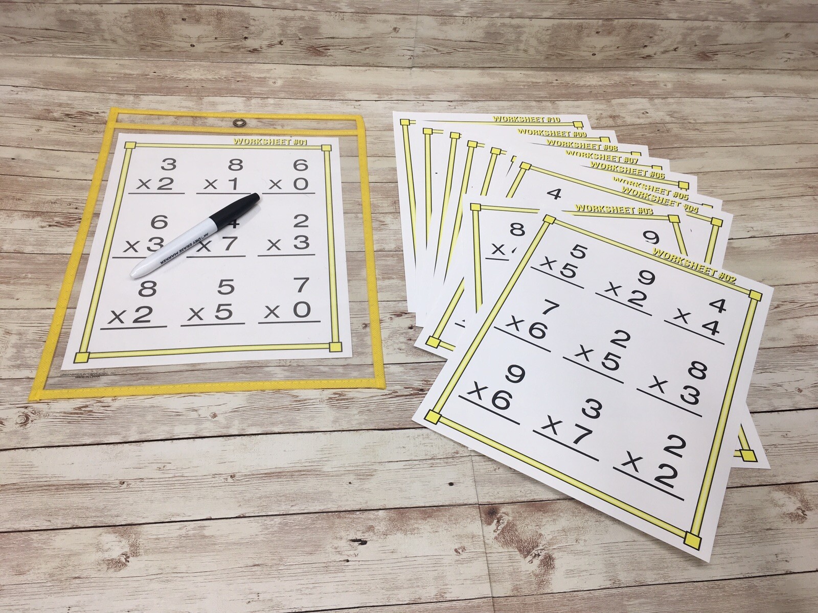 MULTIPLICATION FACTS KIT – 10 Worksheets – with Reusable Dry Erase Pocket