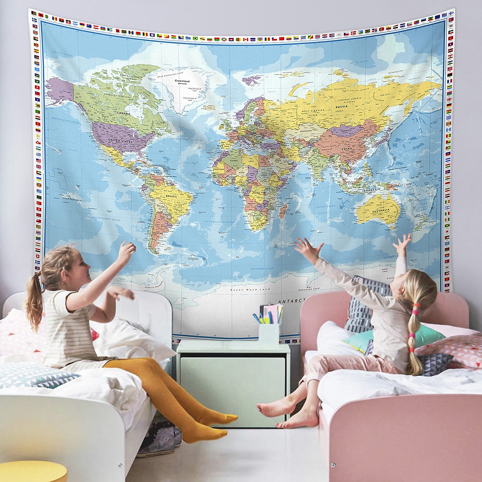 Large World Map Tapestry Wall Hanging For Kids Educational With Country Flags…