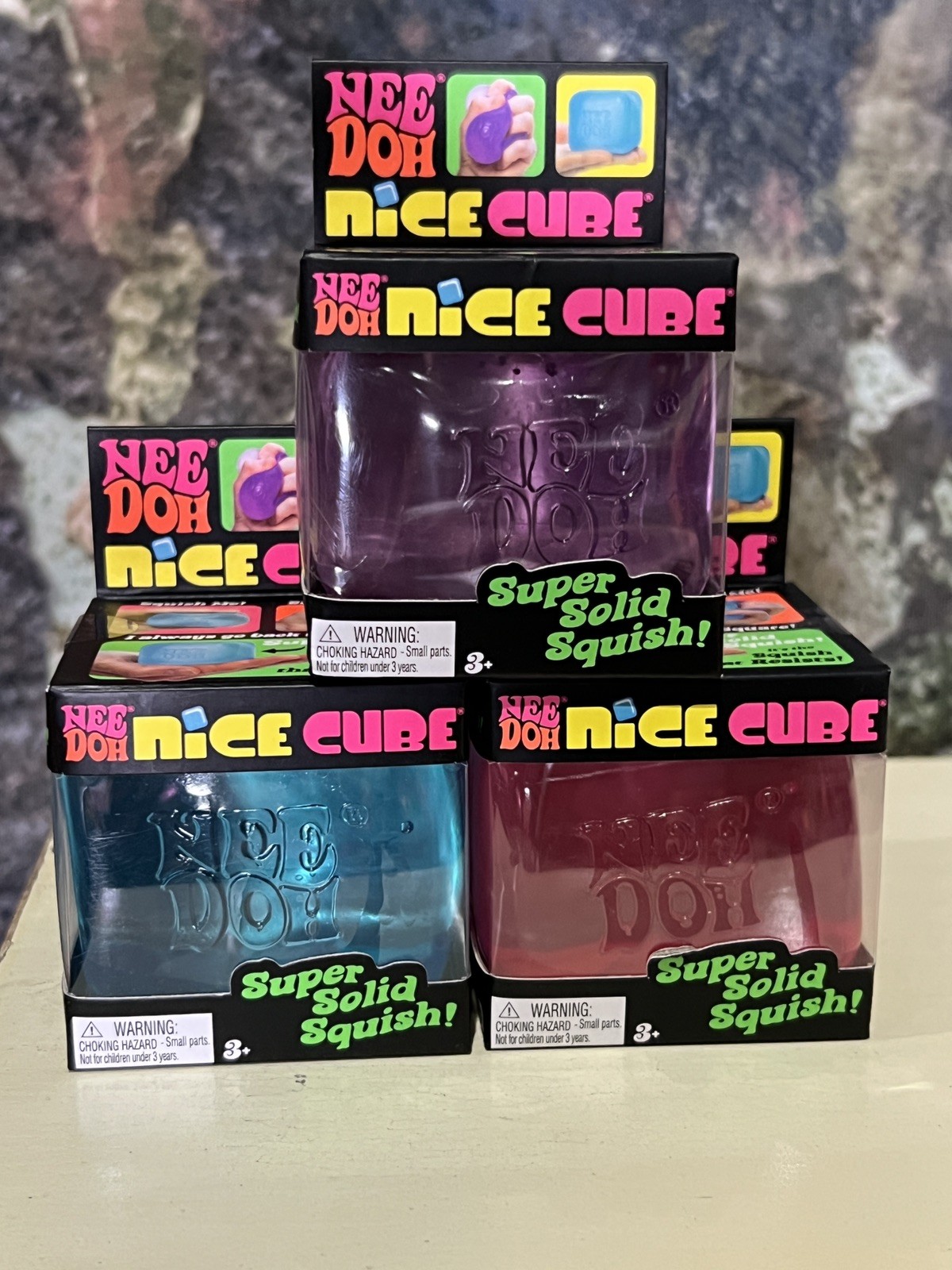 Nee Doh Nice Cube Super Solid Squish in blue pink or purple. Fast shipping