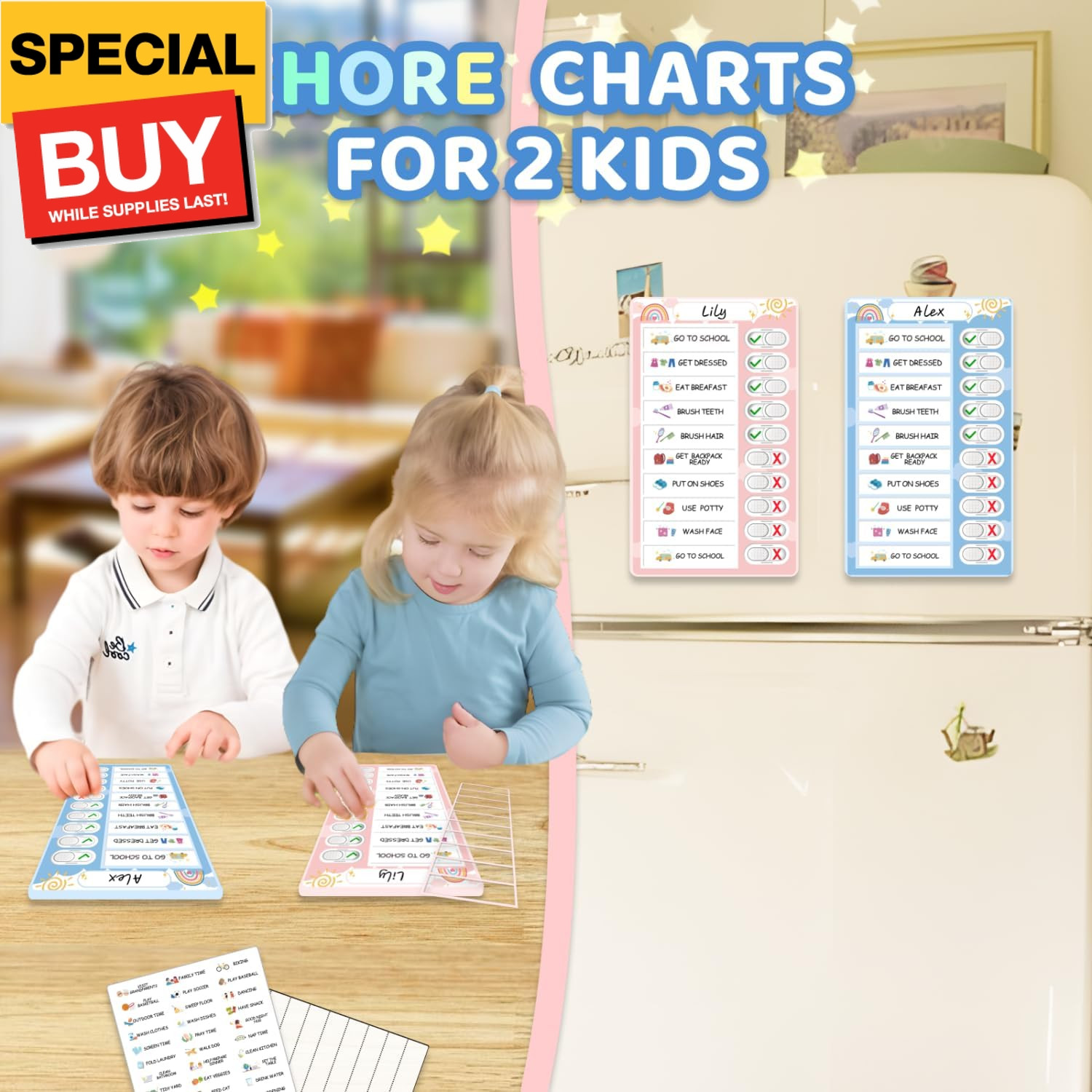 2 in 1 Namable Chore Chart for Kids, Dry Erase Morning/Bedtime Routine Chart for