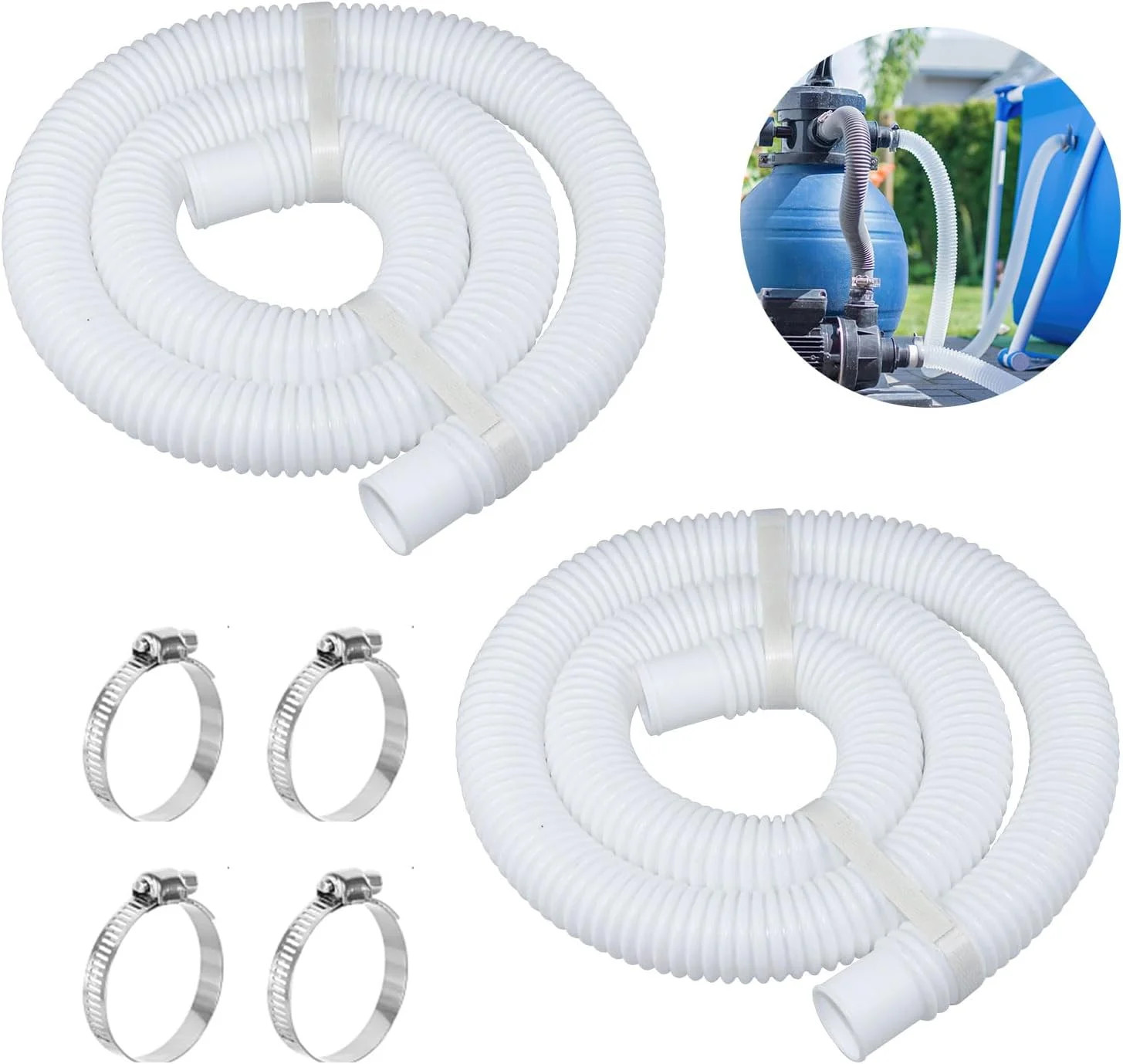 Pool Pump Hose 1.25″ x 59″, w/Clamps, For Above Ground Pools
