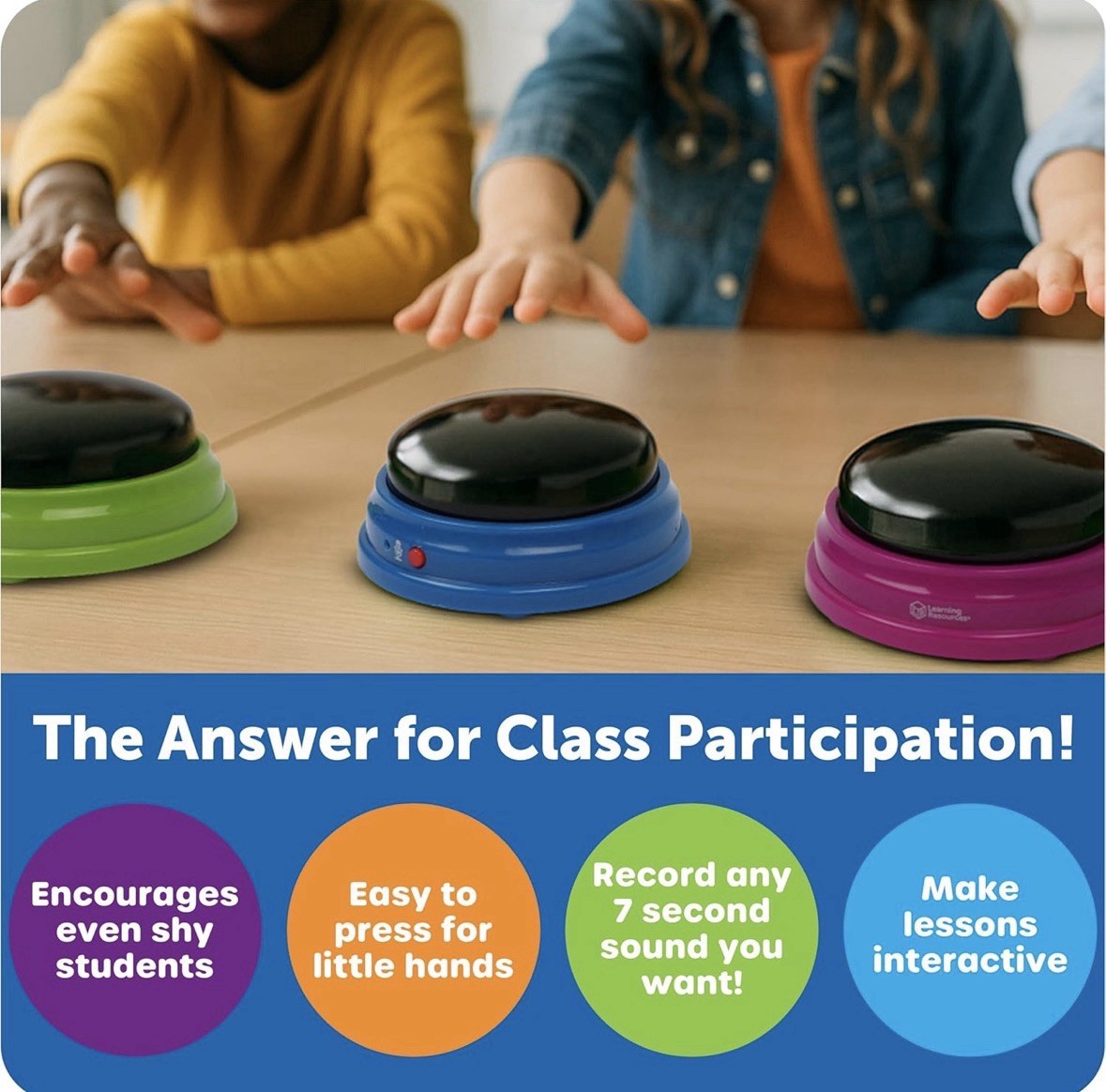 Learning Resources Recordable Answer Buzzers – Set of 4 Multicolored Buttons