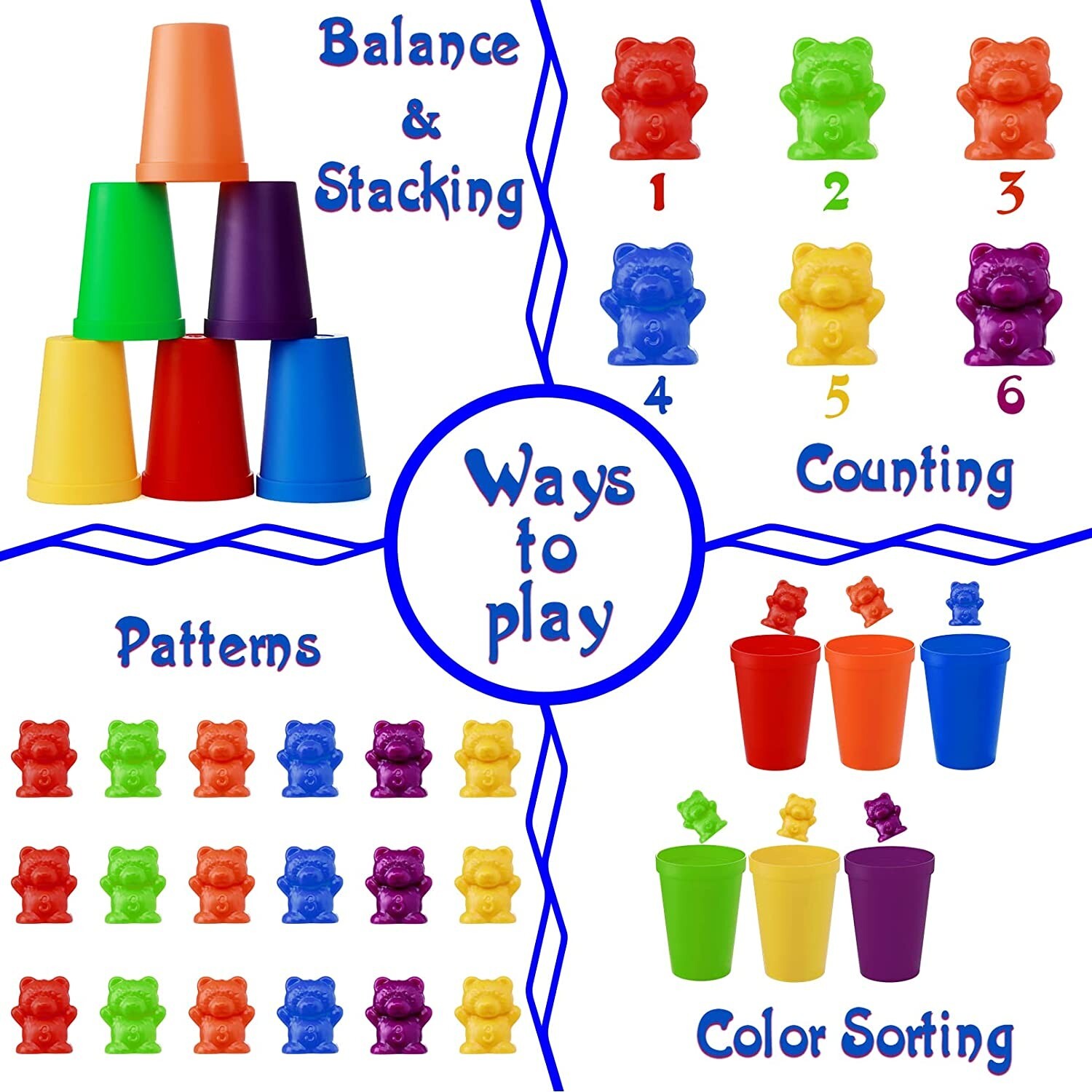 67-pc Rainbow Colored Counting Bears with Cups Sorting Educational Toys for Kids