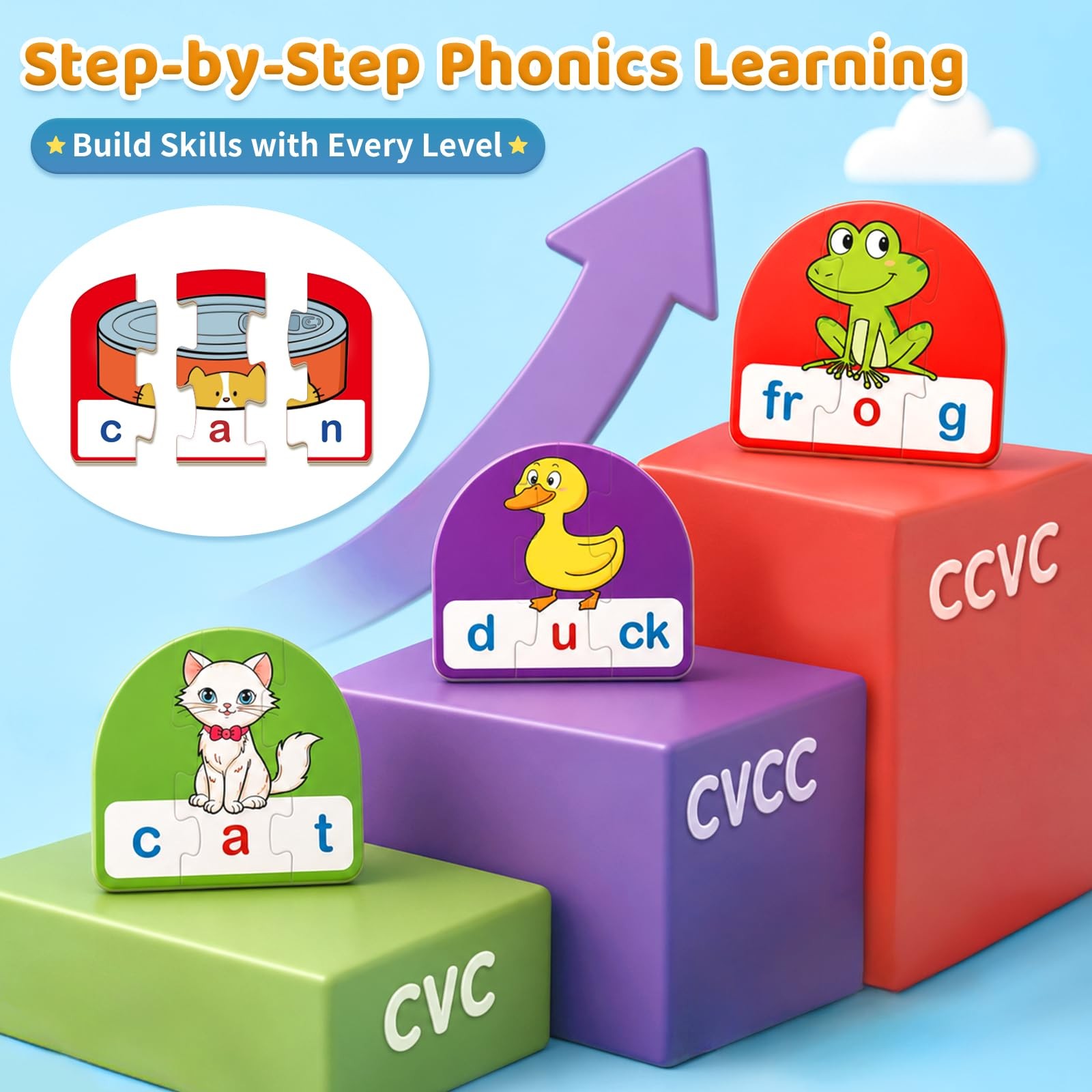 Phonics & Word Puzzle Cards for Kids 3+, 2 in 1 CVC & CVCC Reading and Spelli…