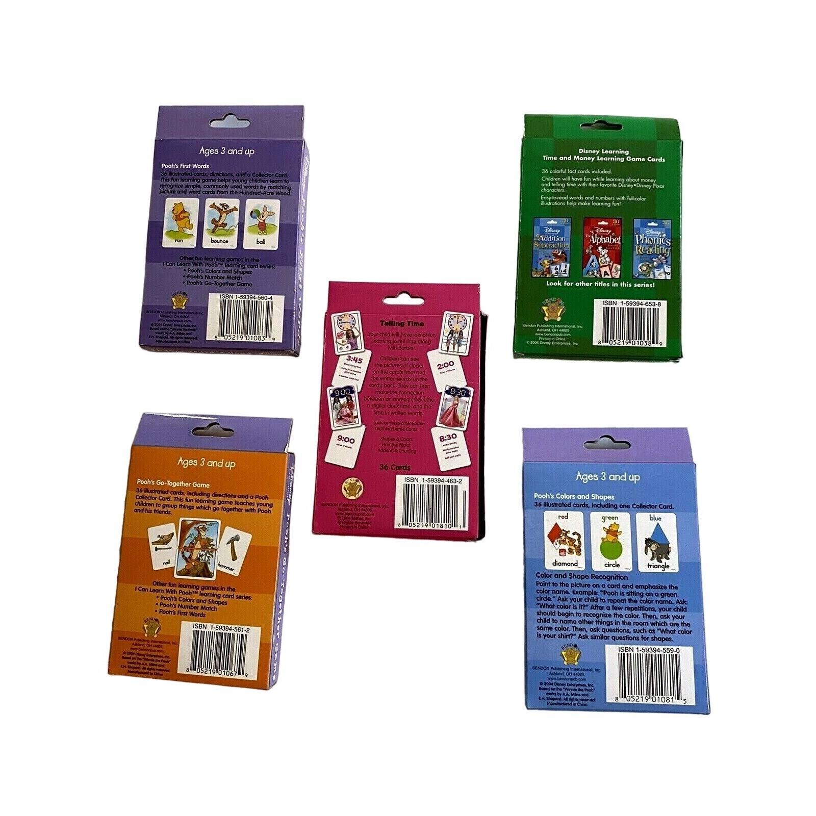 Set Of 4 Disney and 1 Barbie Early Learning Game Cards Words Time Money Colors