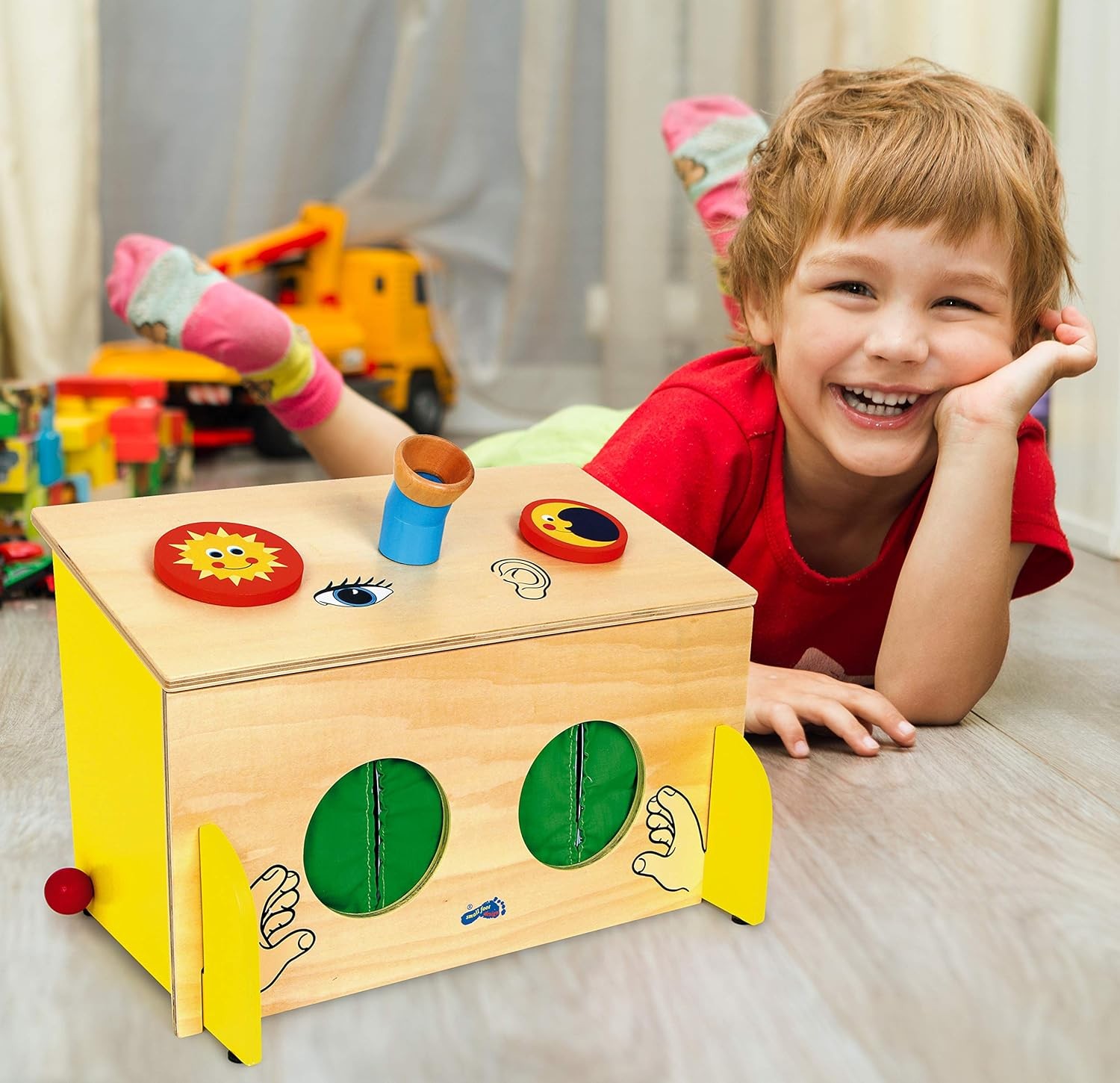 Legler foot 6989 wooden sensory play box, hearing and sight, from 3 years on,Bla