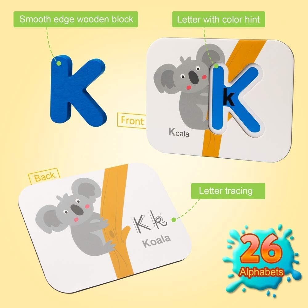 Numbers and Alphabets Flash Cards Set – ABC Wooden Letters and Numbers Animal…