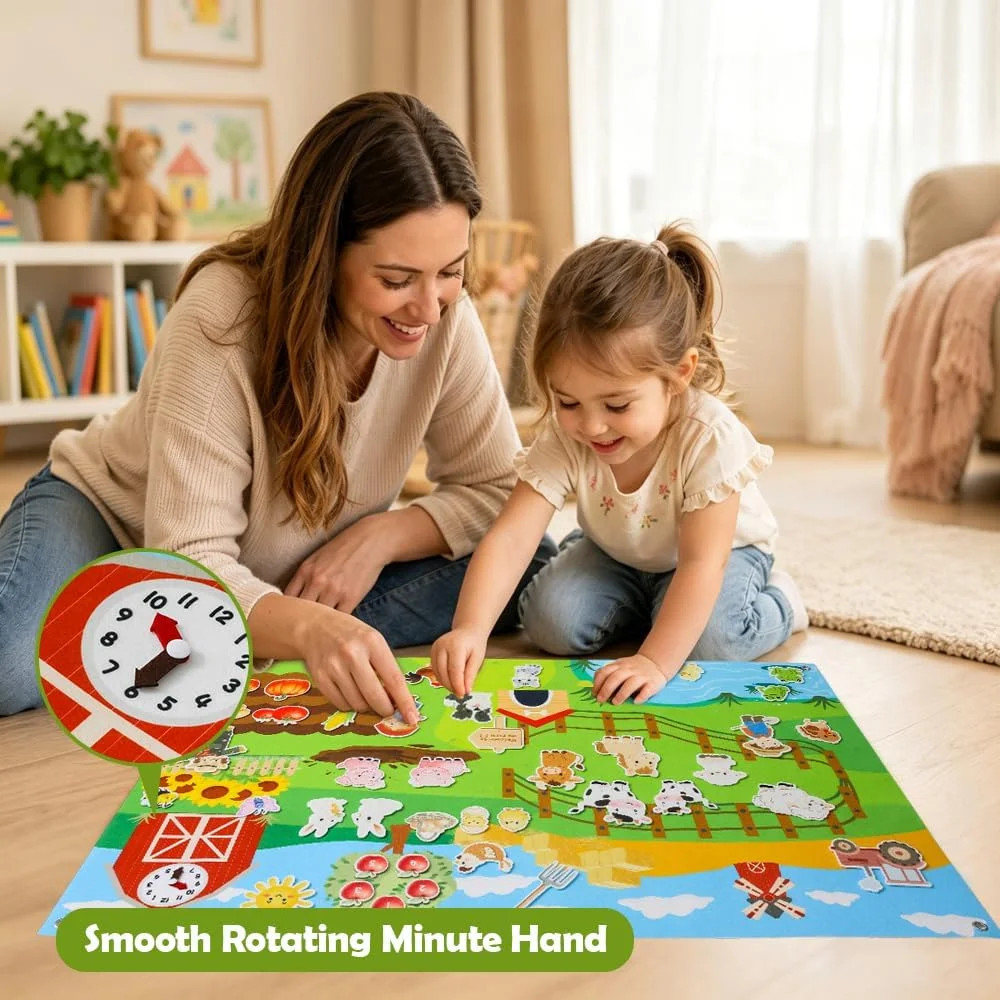 Farm Felt Story Board Set with 44pcs Animal Figures and Clock Number Learning Ch