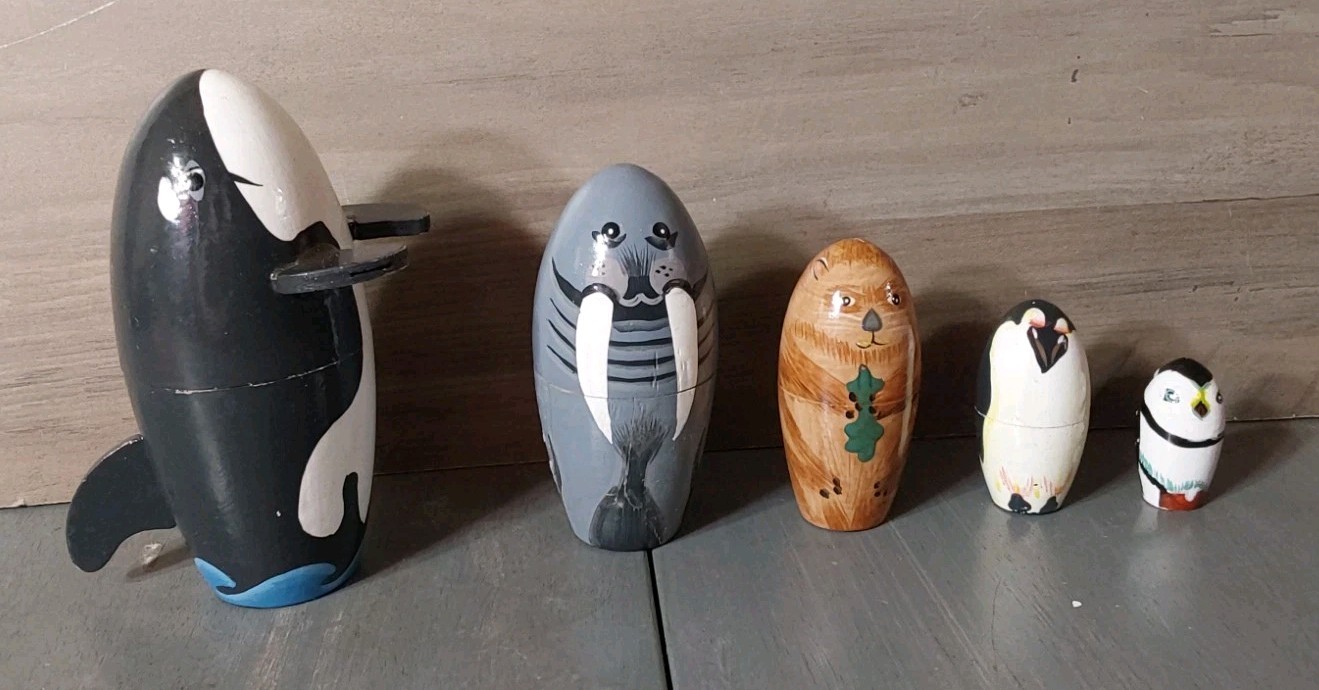 Ocean Marine Life 5pc Wooden Painted Nesting Doll Whale Walrus Penguin Puffin