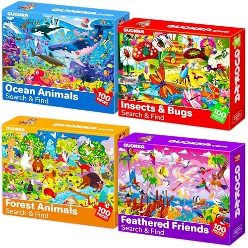 100 Piece Jigsaw Puzzles for Kids 4-8 – Ocean & Forest Animal Search Game, Educa