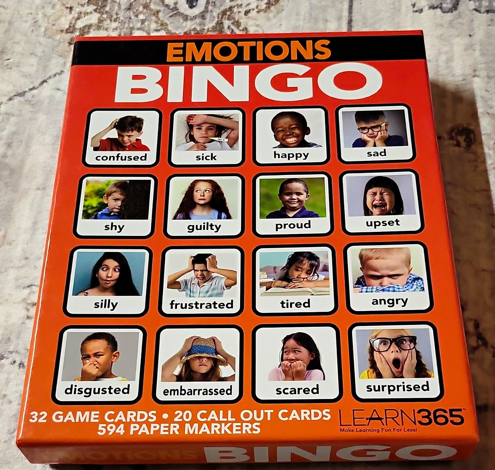 Learn365 Emotions Bingo Educational Game Set, Orange, 32 Game Cards, Markers