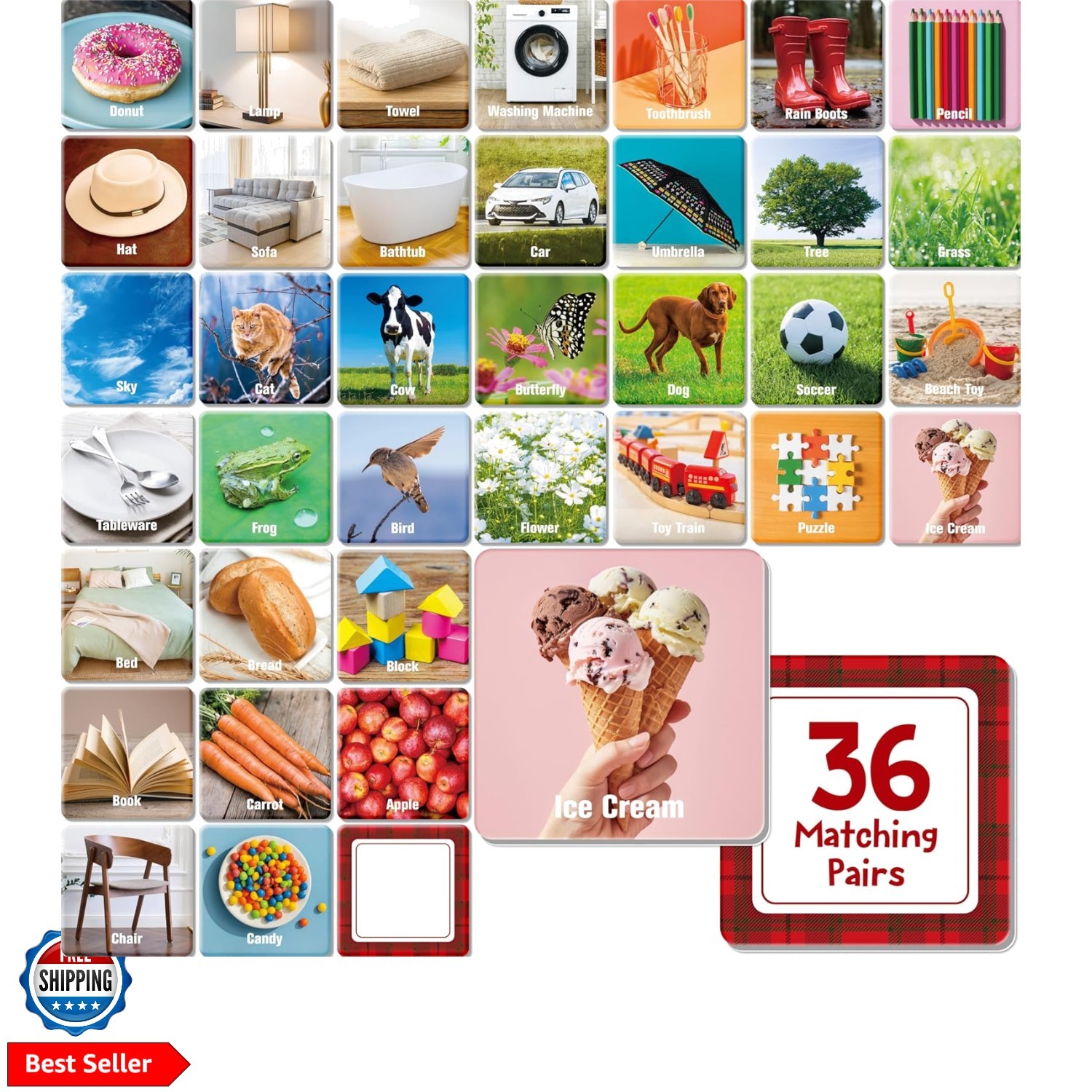 72 PCS Daily Items Matching Game, 36 Designs Everyday Objects Memory Cards En…