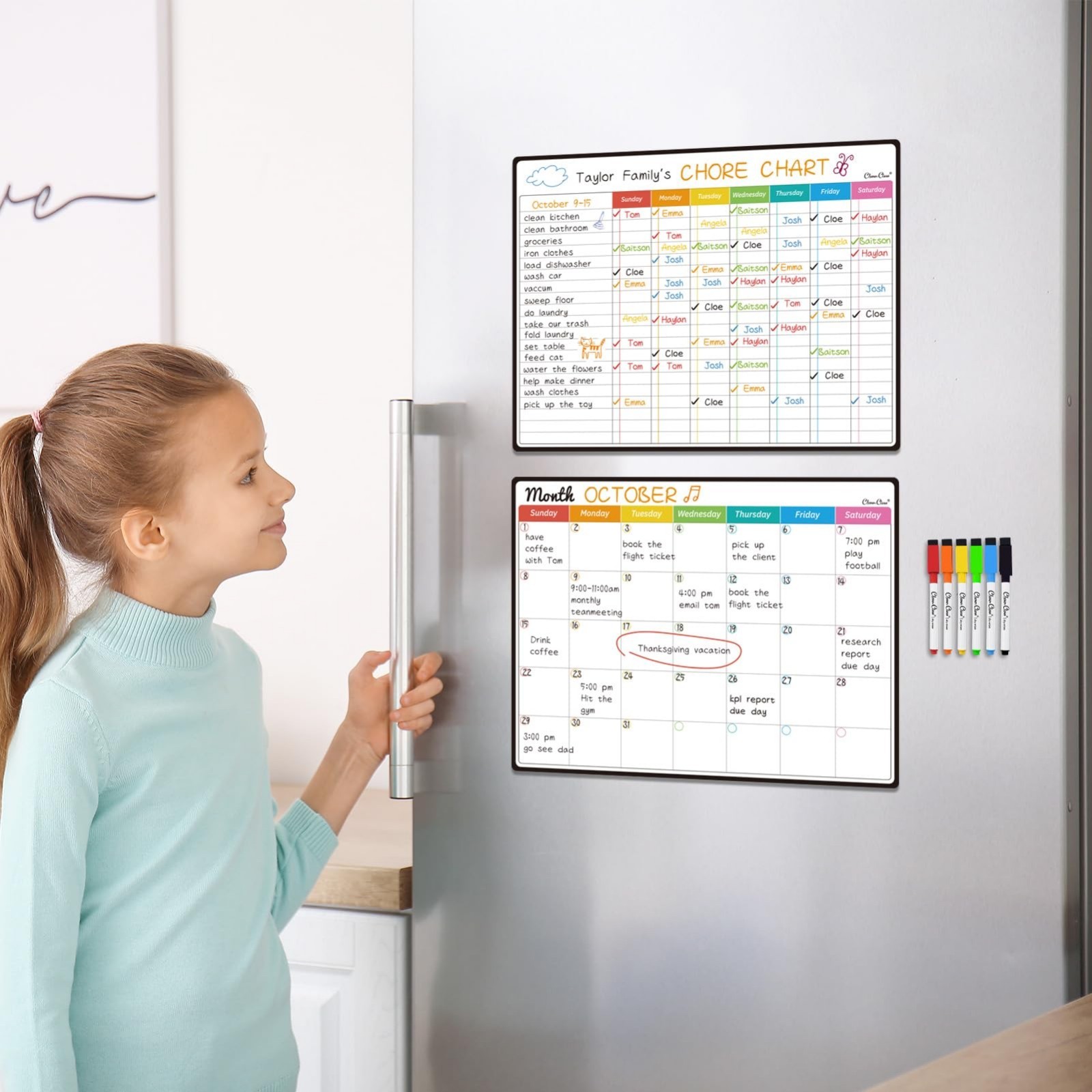 Magnetic Dry Erase Chore Chart & Monthly Calendar – 14.5″x11″, Fridge Organizer,