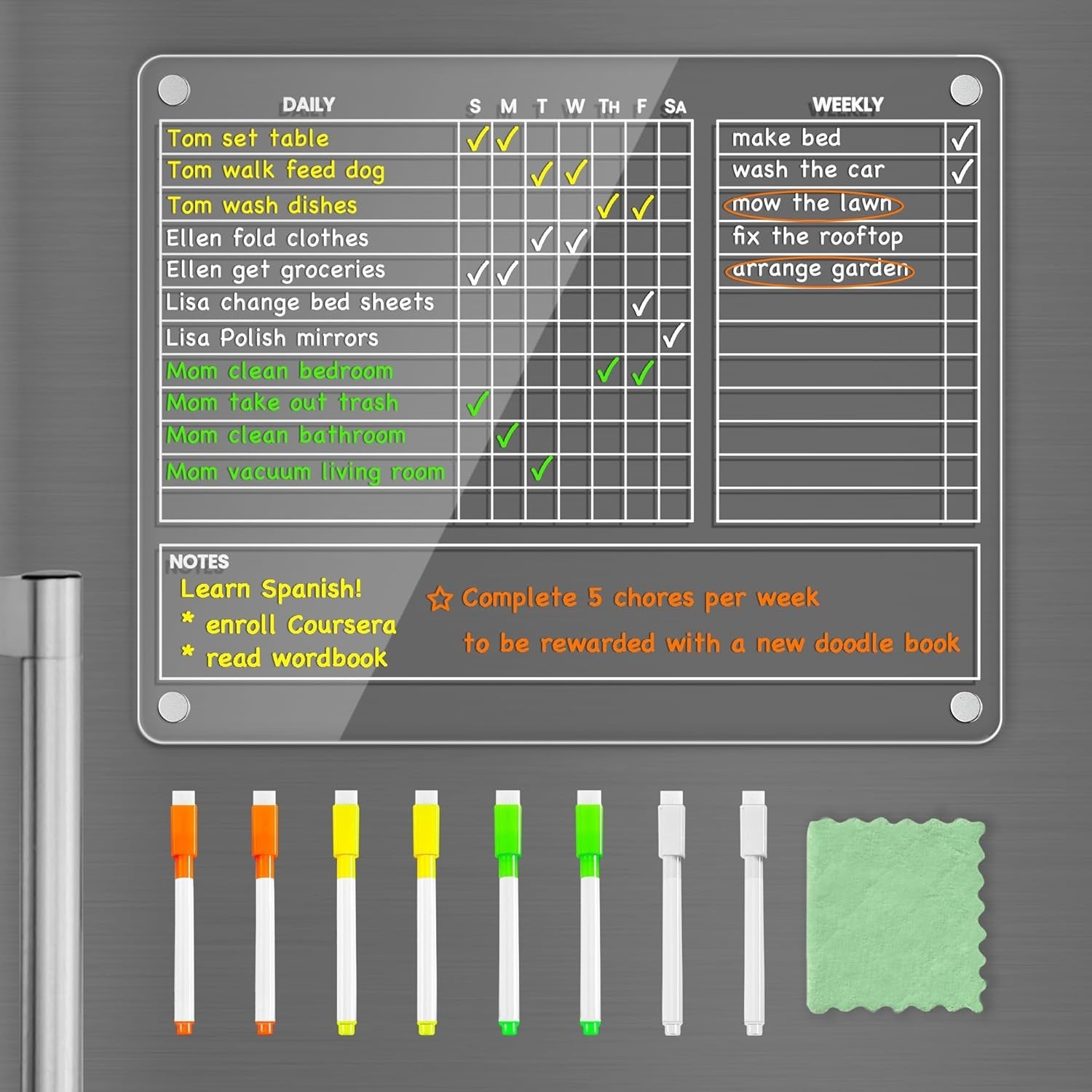 Family-Friendly 12’x9.5′ Magnetic Chore Board with Vibrant Markers & Towel