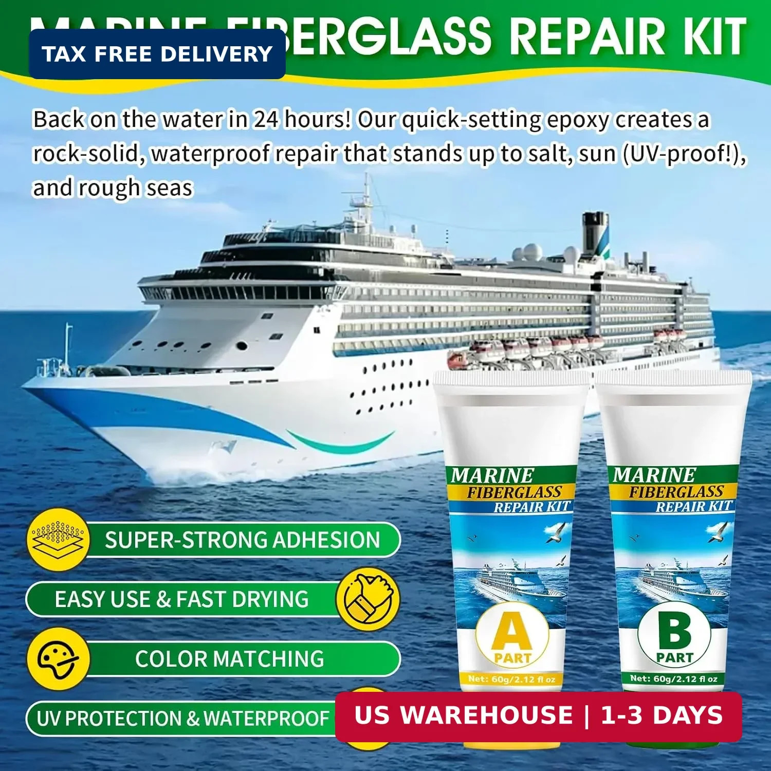 Marine Fiberglass Repair Kit, 4.2 oz Gel Coat Repair Kit for Boats, Fiberglass R