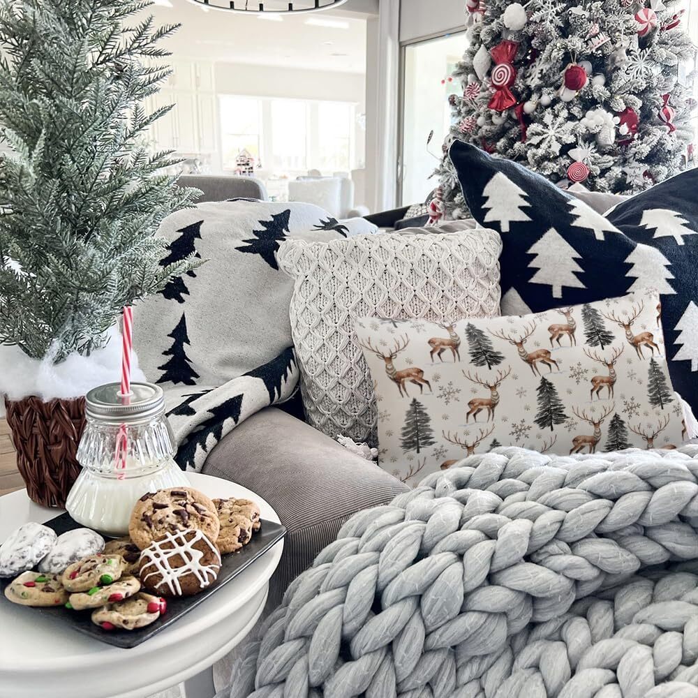AACORS Winter Pillow Cover 12×20 Inch Reindeer Trees Snowflake Decoration