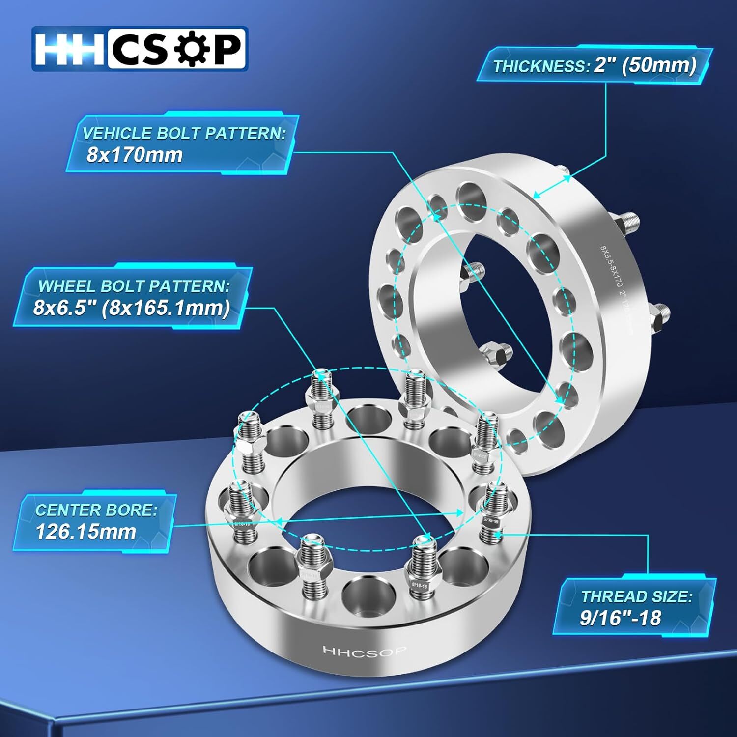 8×6.5 to 8×170 Wheel Spacers 2″ (50mm) Bore 126.15mm with 9/16″-18 Studs for