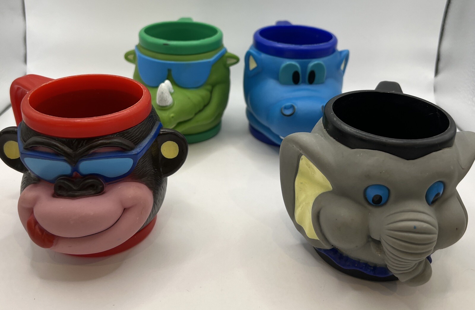 2003 Super Duper Publications Animal Set 4 Mugs Monkey Elephant Hippo Rhino