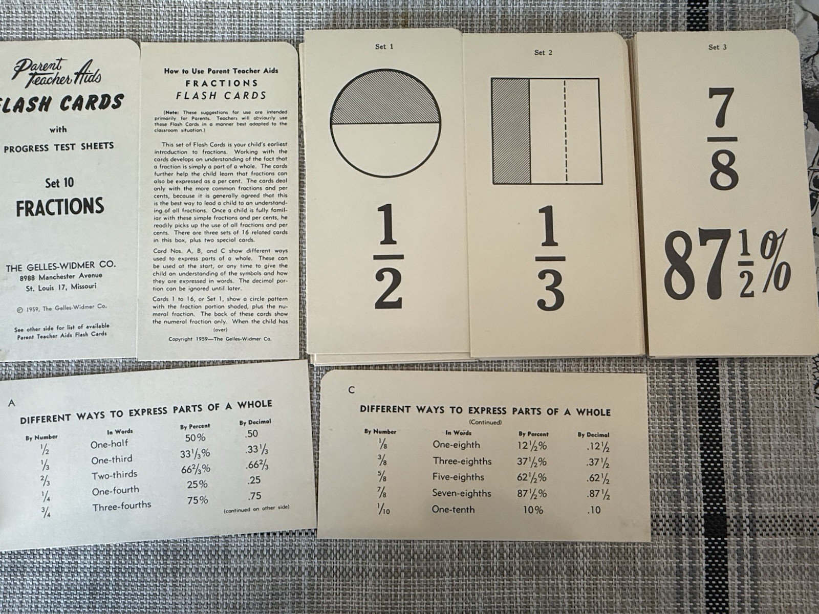 Fractions Flash Cards Learn With Parent Teacher Aid Numbers Math Arithmetic 1959