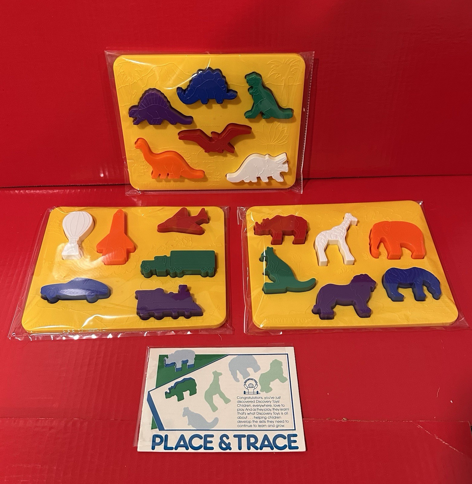 Discovery Toys Place & Trace Dinosaurs Animals Vehicles 1984 USA ~Complete Set!