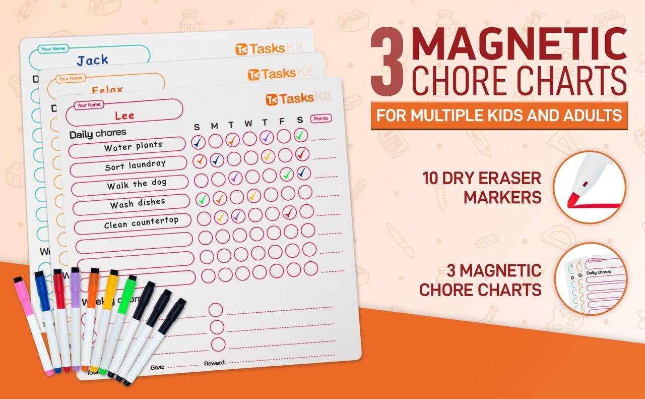Magnetic Chore Chart for Kids Set of 3 with 10 Dry Erase Markers Personalized