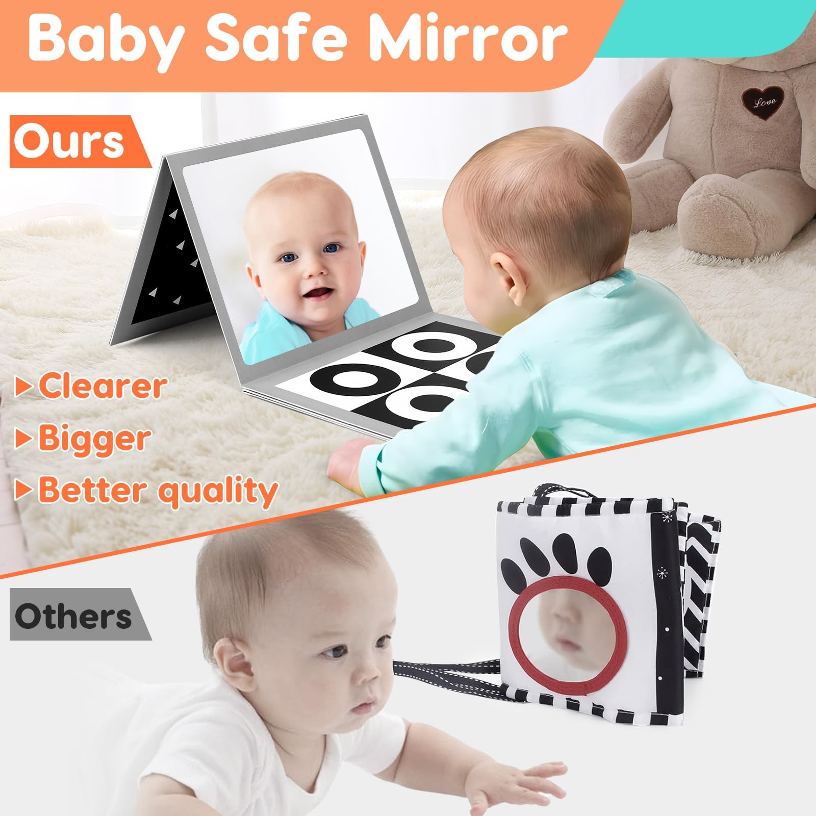 Black and White High Contrast Baby Books Flash Cards Tummy Time Mirror Toys N…