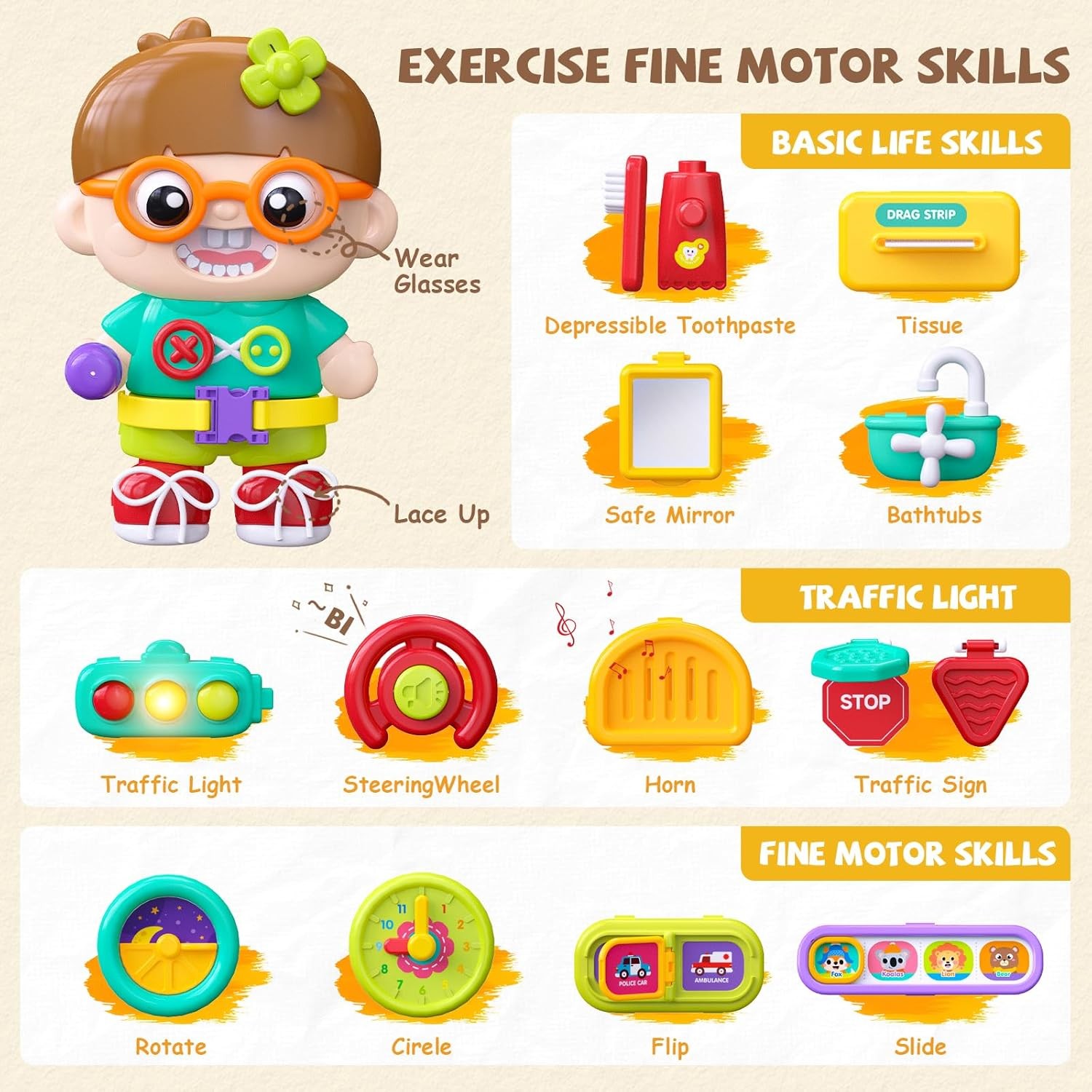 54-in-1 English/Spanish Busy Board, Montessori Educational Toy for 1–2 Yr