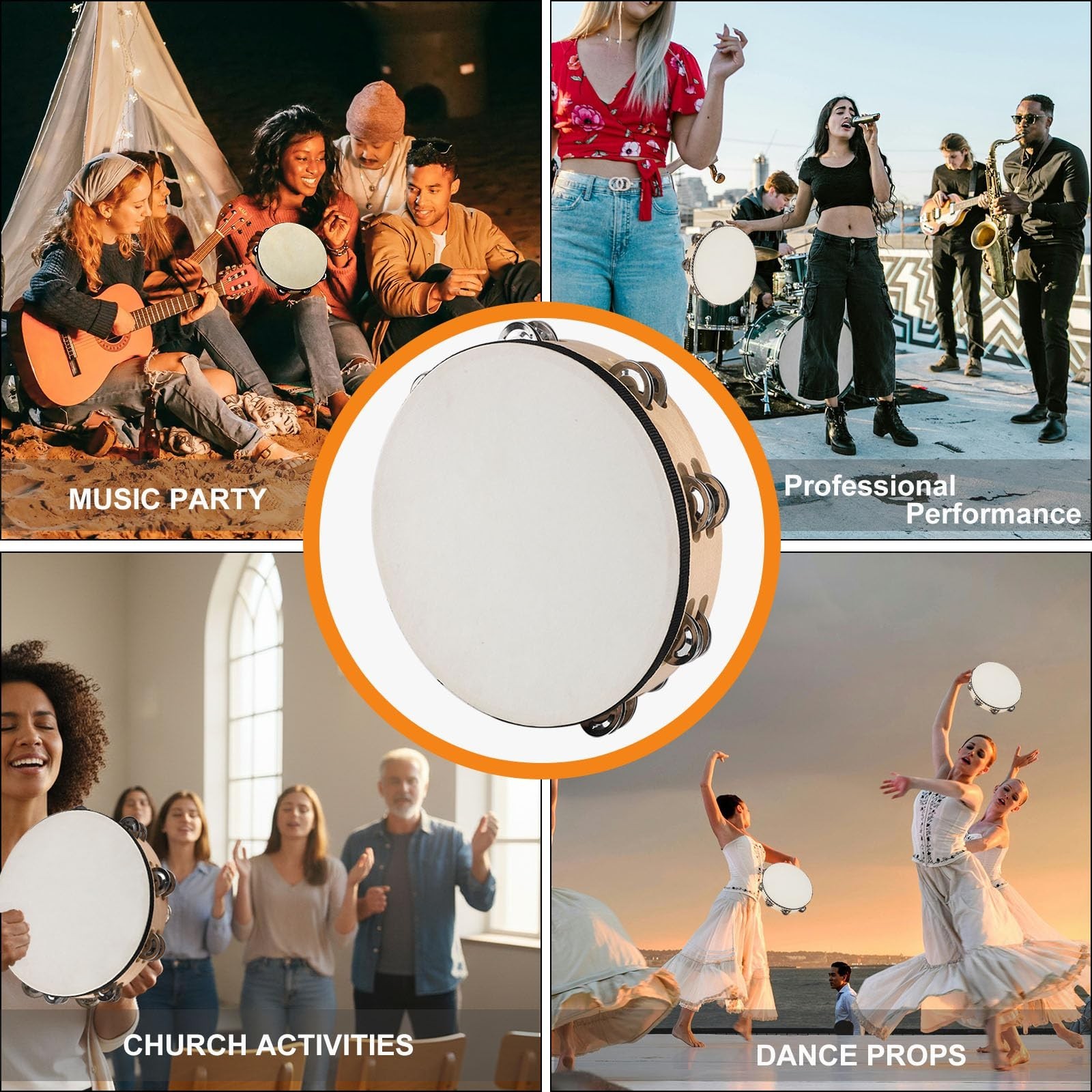 LIEKE Goatskin Tambourine 10 Inch Beechwood Hand Held Drum for Adult with 8 P…