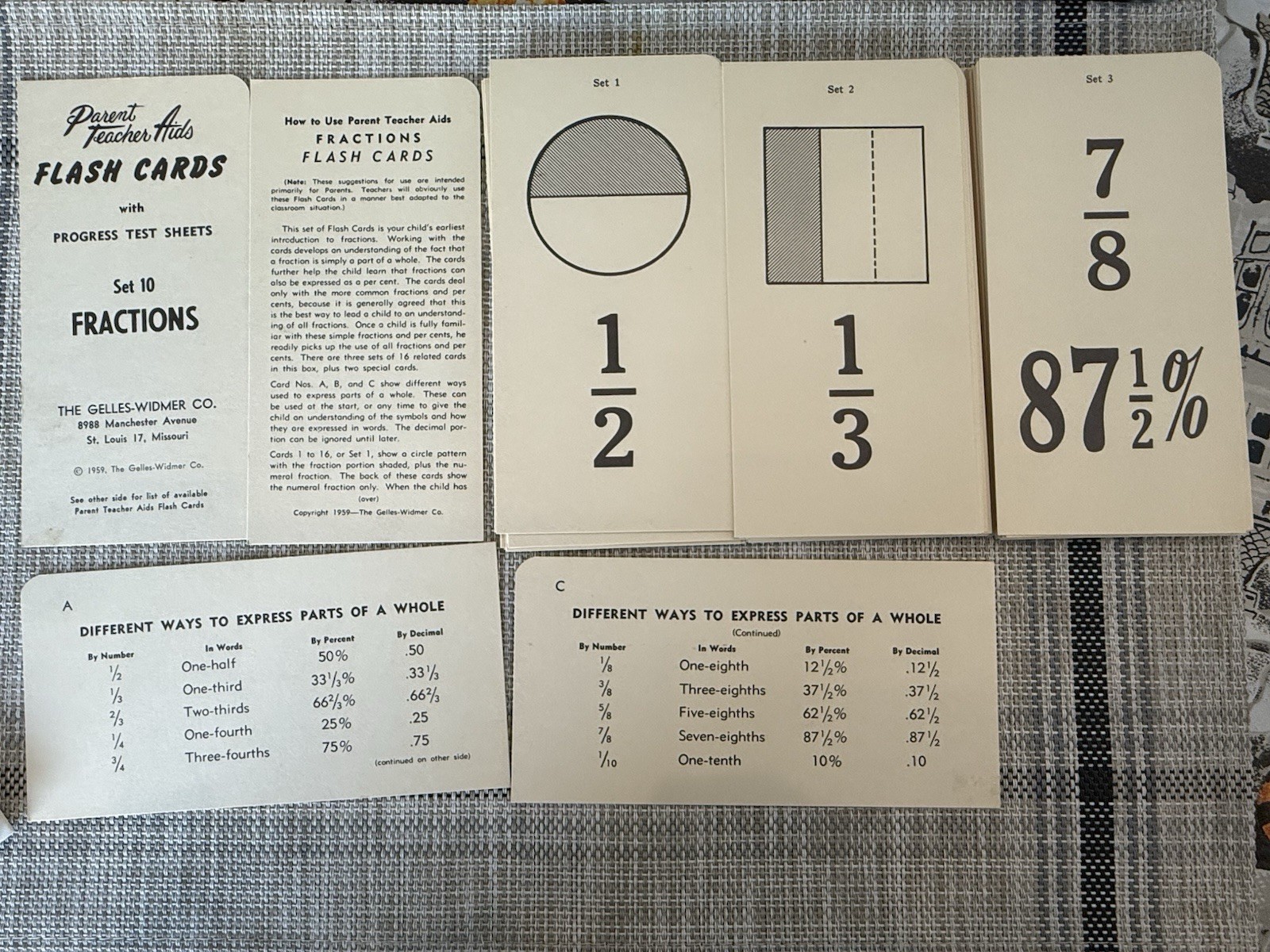 Fractions Flash Cards Learn With Parent Teacher Aid Numbers Math Arithmetic 1959