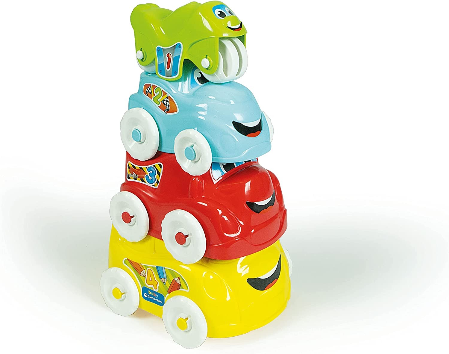 Clementoni- Stacking Vehicle Toy: 4 Piece Playset, Bus, Truck, Car & Motorbike (