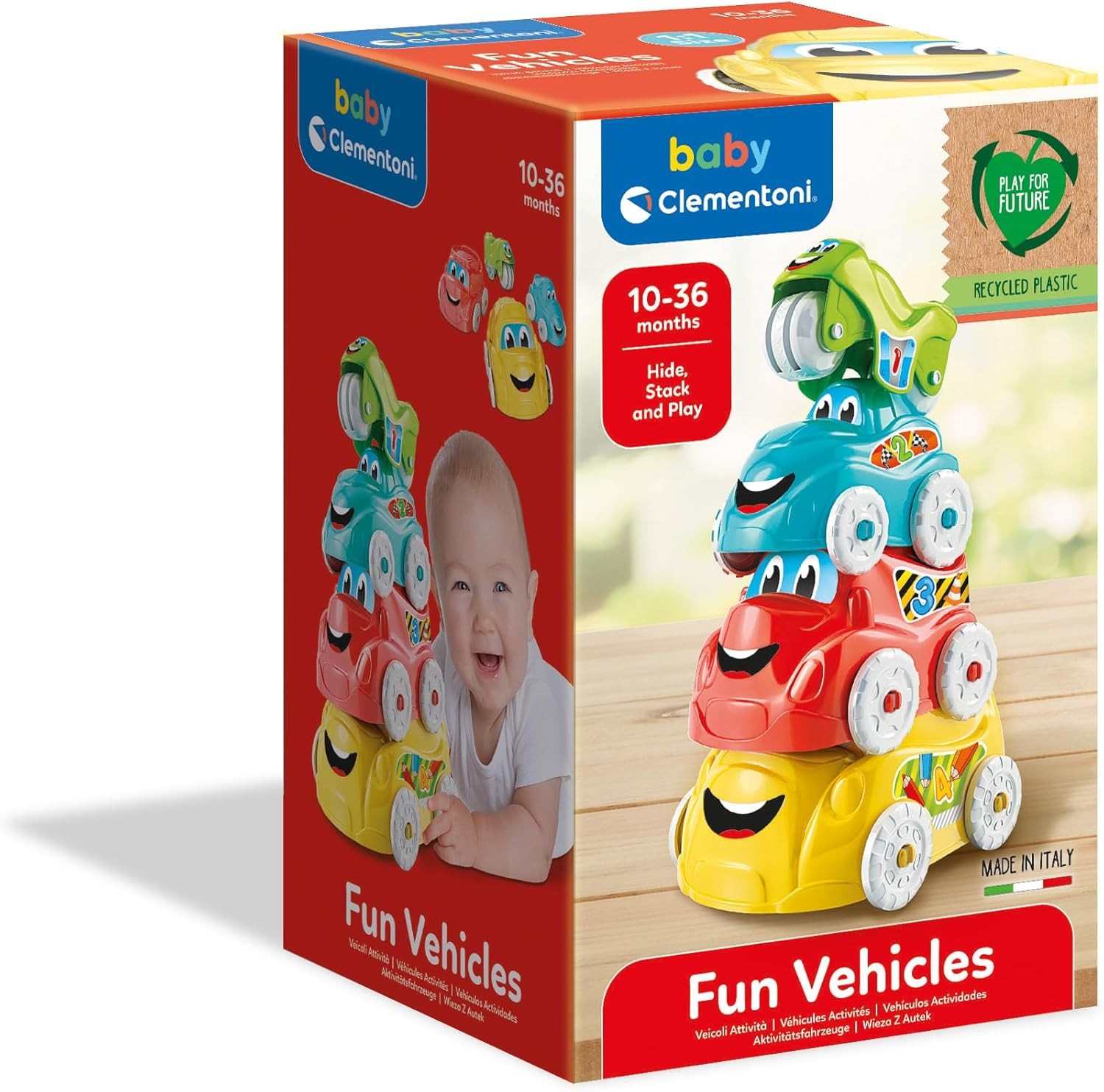 Clementoni- Stacking Vehicle Toy: 4 Piece Playset, Bus, Truck, Car & Motorbike (