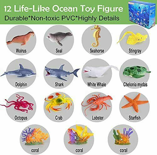 Ocean Animals Toys, 18 Pack Realistic Sea Animal Figurines with Play Mat