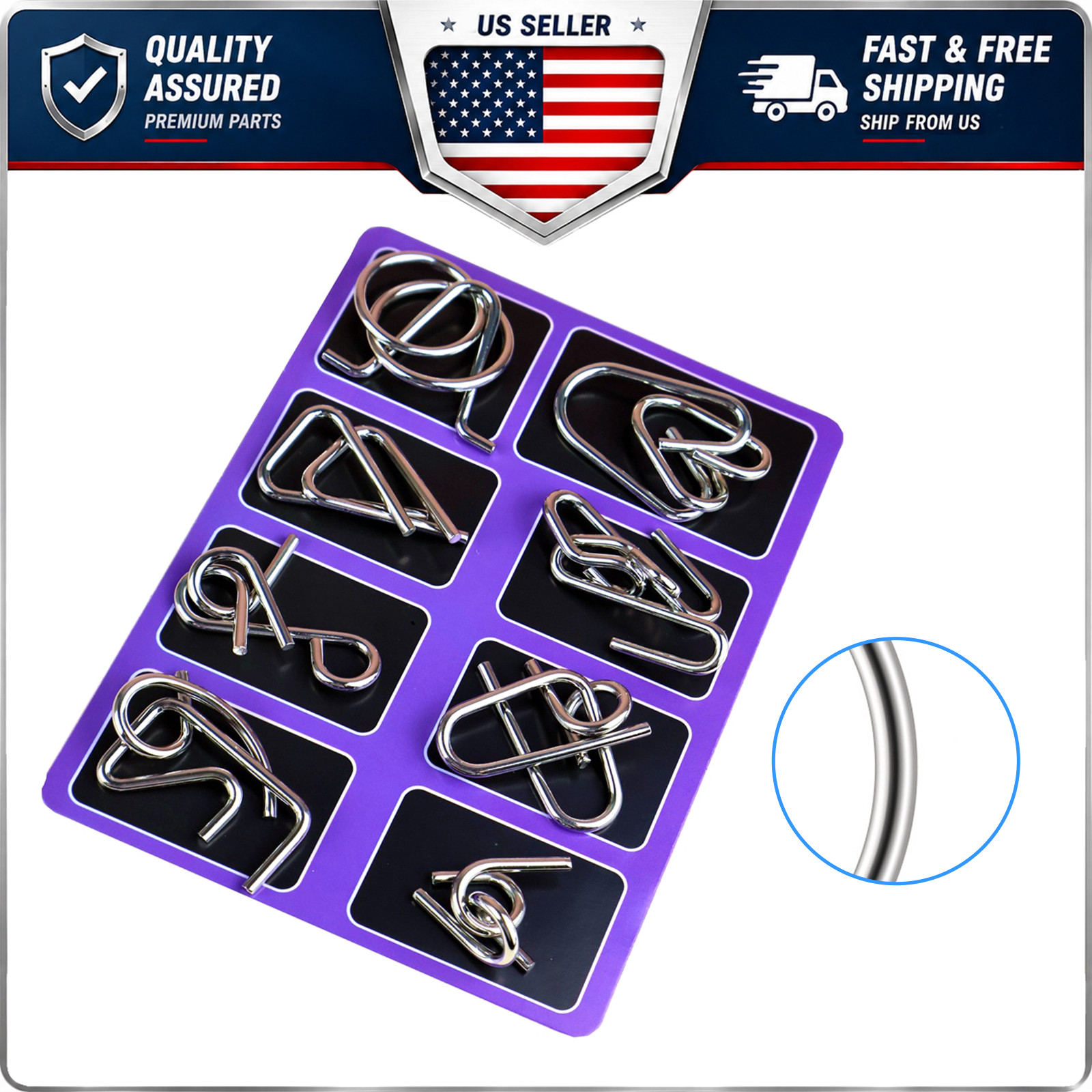 8PCS Purple Metal Wire Puzzle Brain Teaser Nine Linked Rings Toy