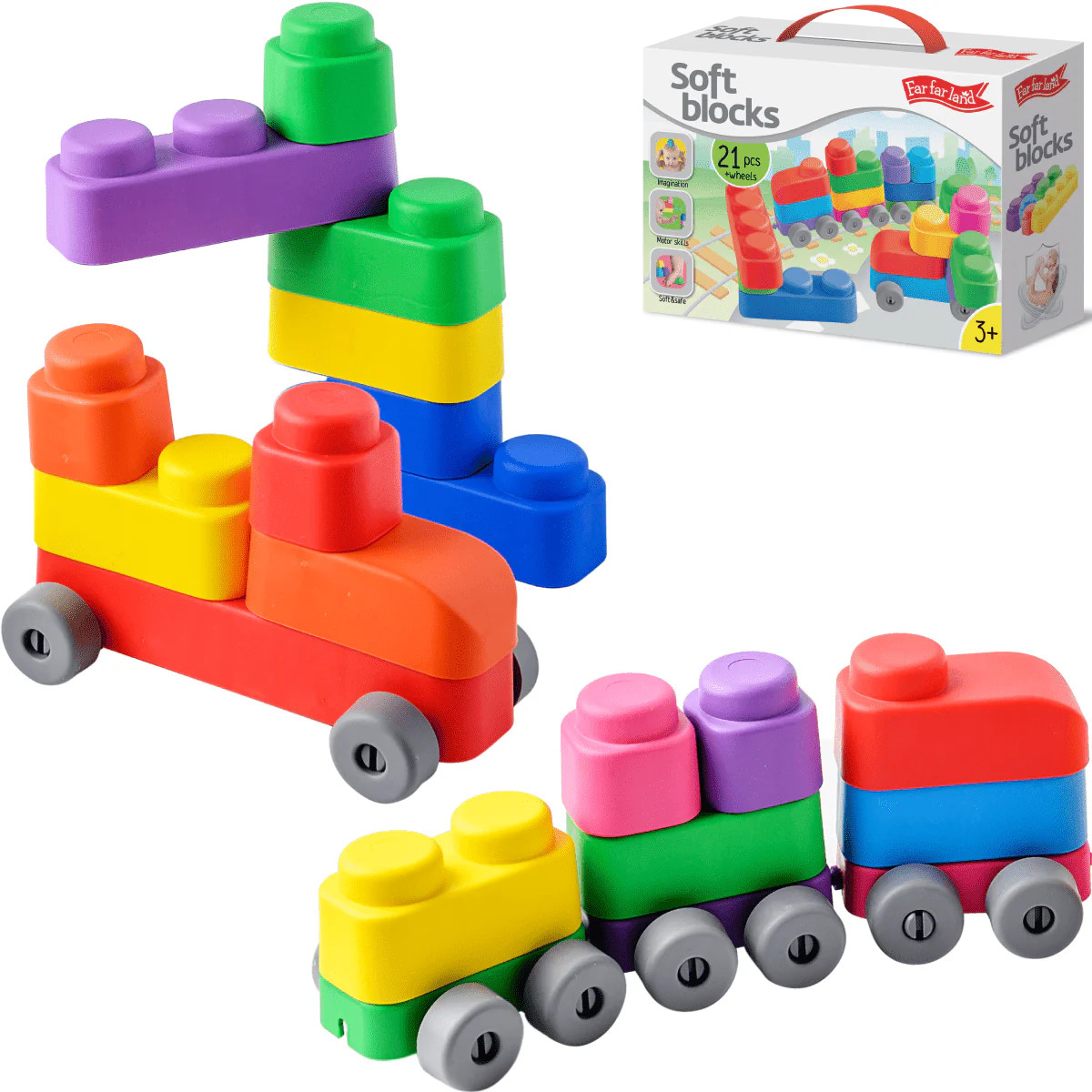 Baby Soft Blocks 21 pieces and 16 Wheels for Toddlers 3+ Years