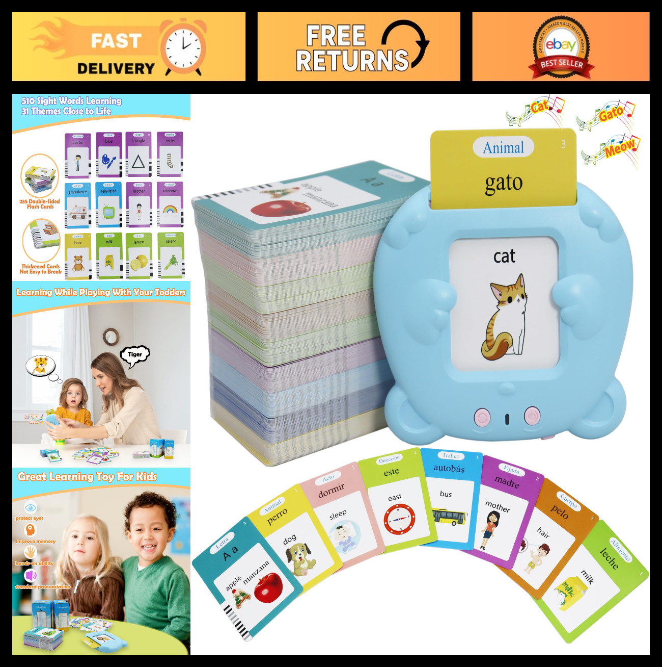 Bilingual Talking Flash Cards – Spanish & English Alphabet, Educational Toy for