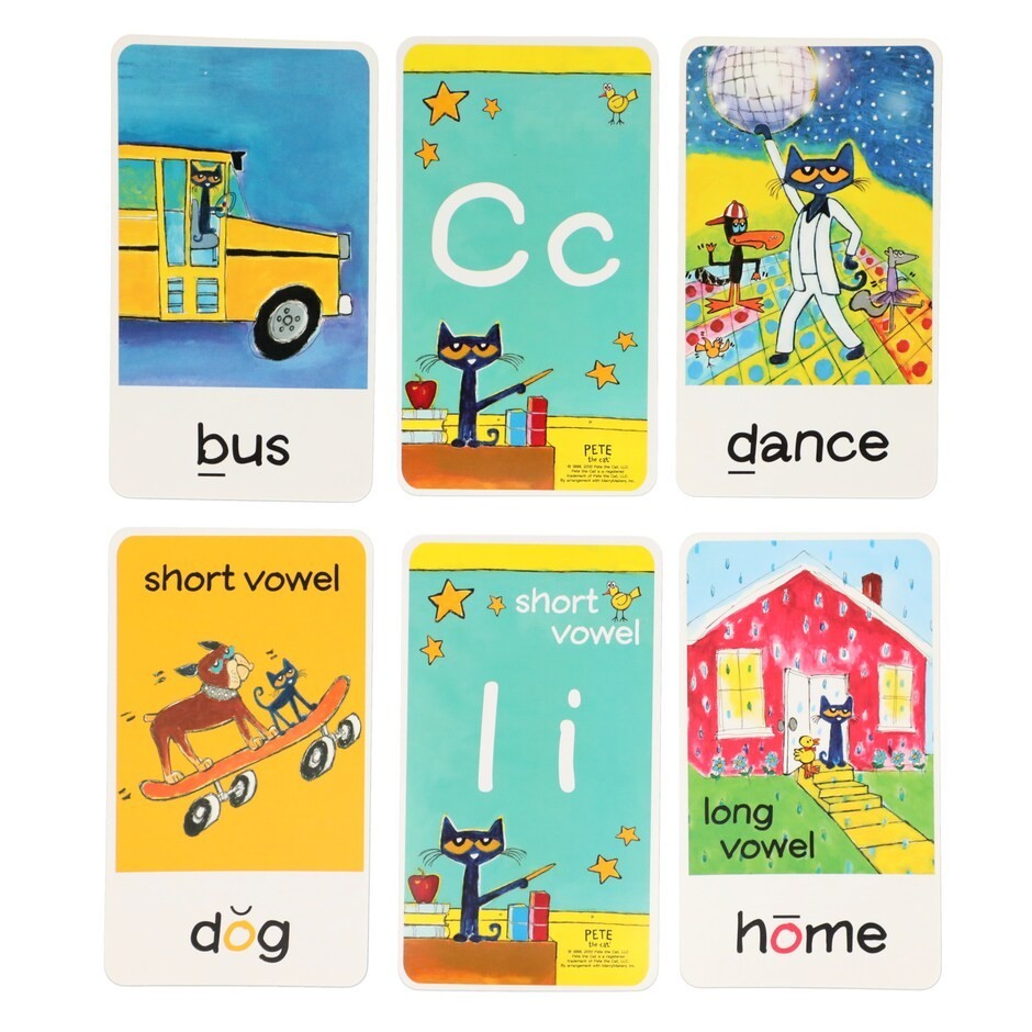 Pete the Cat Flash Cards ABC’S & WORDS + 10 Bonus Cards Long/Short Vowels 36 pk