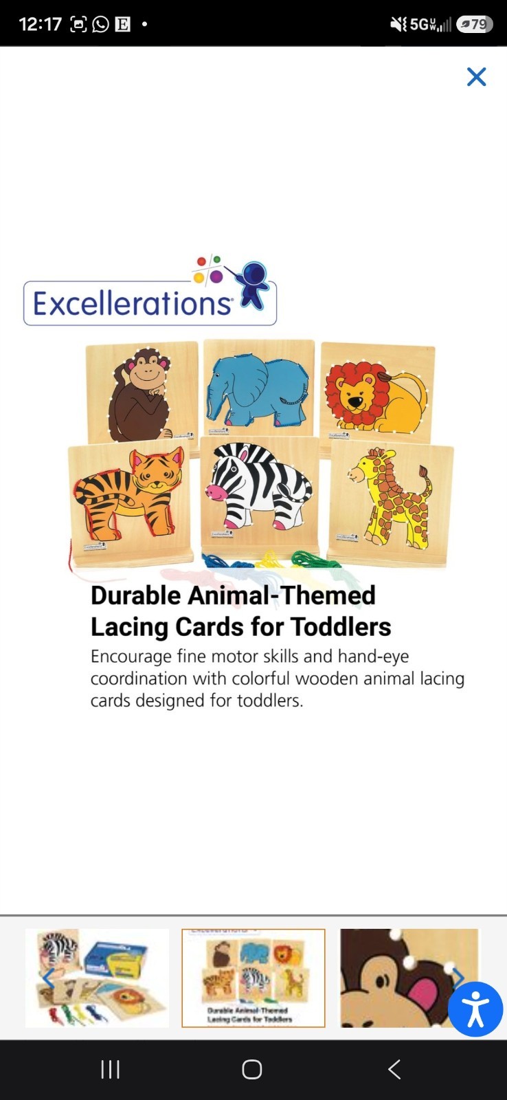 New Sealed Excellerations Animal Lacing Cards Wooden Fine Motor Learning Toy Set