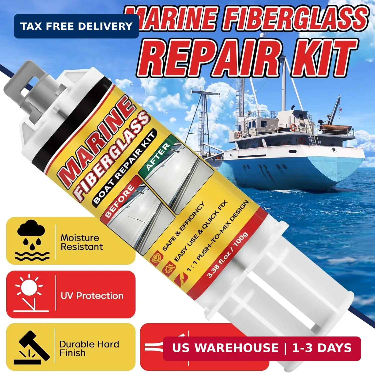 Marine Fiberglass Repair Kit for Boats, Gelcoat Repair Kit for Boats with Waterp