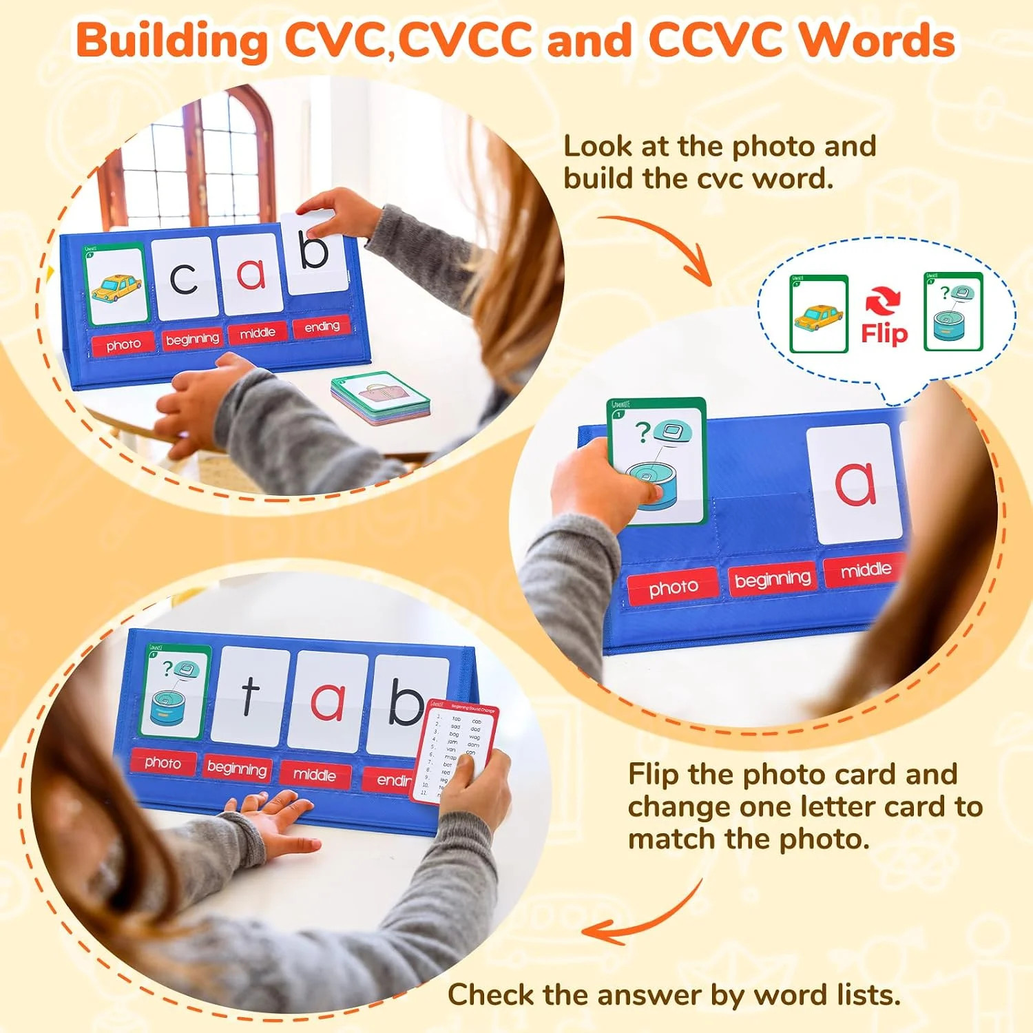 Gamenote Word Building Desktop Pocket Chart Tent Flash Cards Kit – CVC Words Pho
