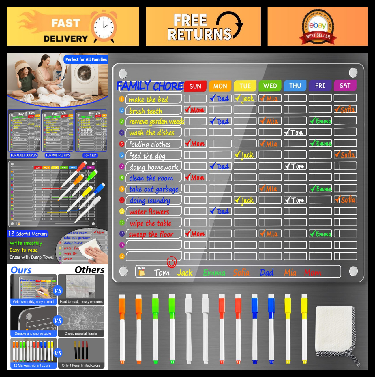 Large Dry Erase Chore Chart for Family – Magnetic Responsibility Board, 12 Marke