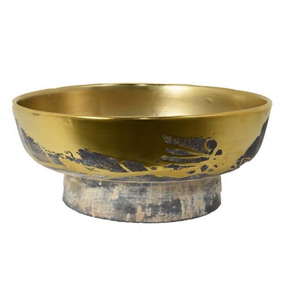 16 Inch Decorative Bowl- Distressed Gold Finish- Modern Aesthetic- Ceramic