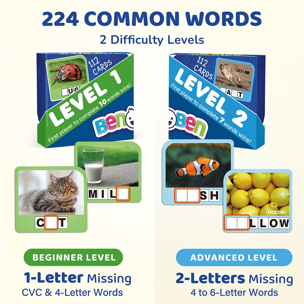 Spelling Games for Kids, 224 Flashcards 208 Wooden Letter Tiles, Ages 4-8