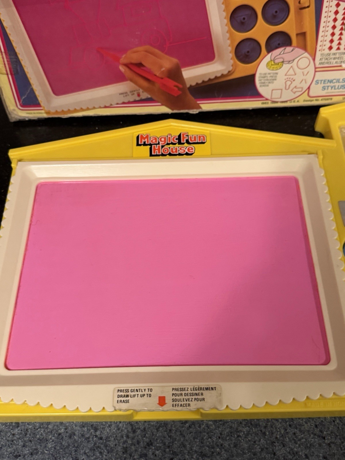 Vintage 1980s Magic Fun House Kids Drawing Board with Stencils Pattern Stamps