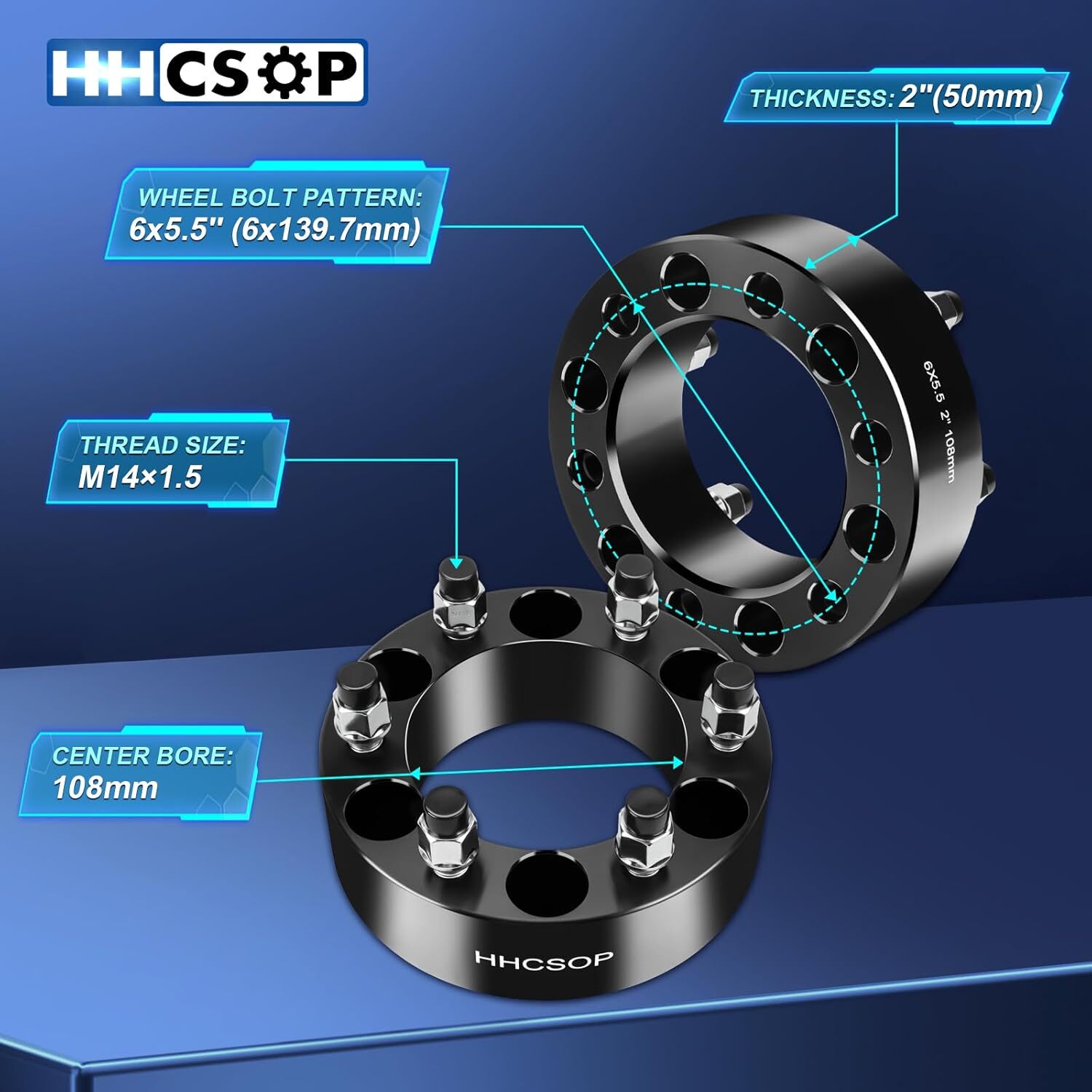 6×5.5 Wheel Spacers 2”(50mm) Hub Bore 108mm with M14x1.5 Studs for Chevy