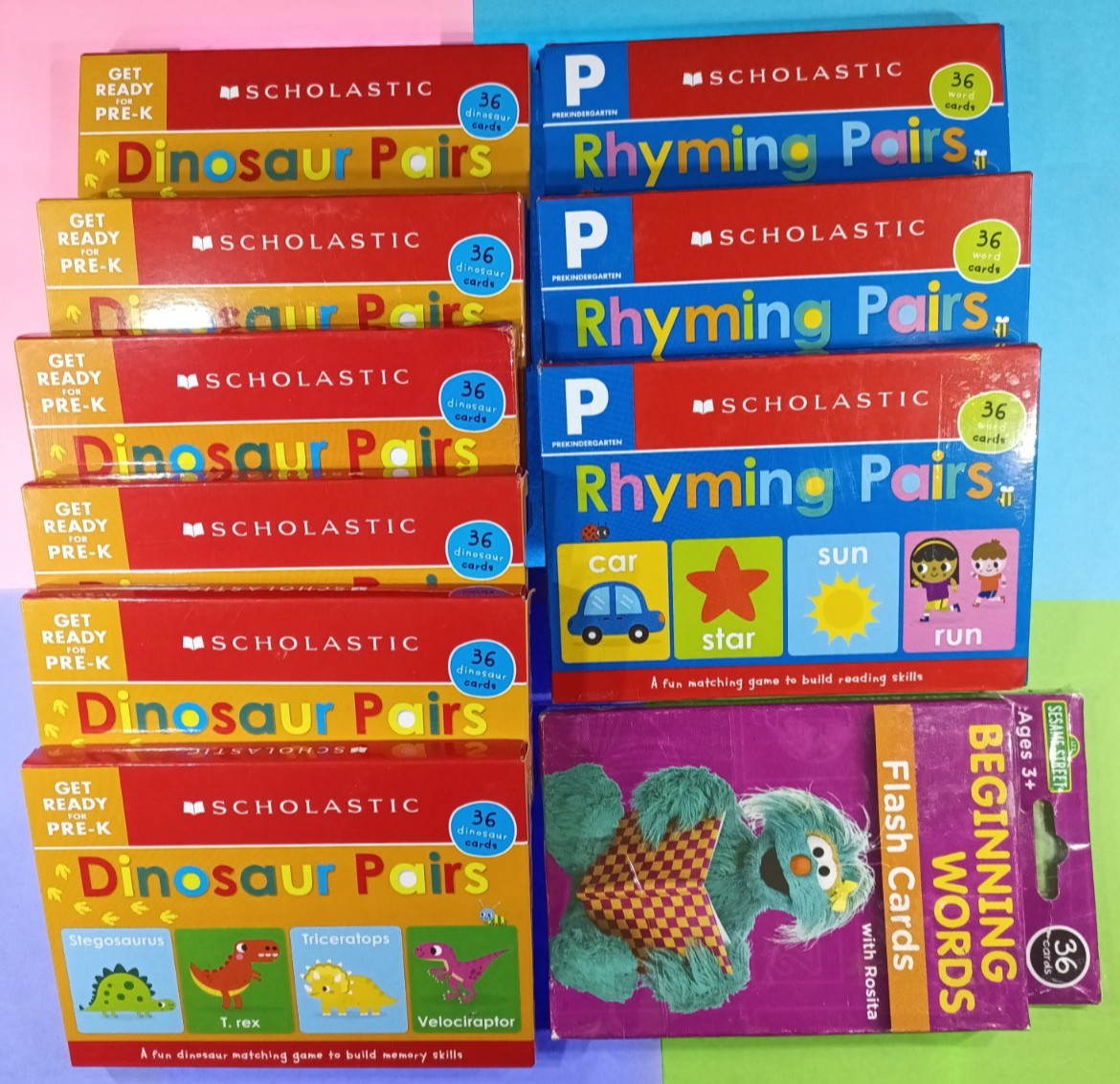 Scholastic Sesame Street Dinosaur Rhyming Words Flash Cards Matching Lot of 10