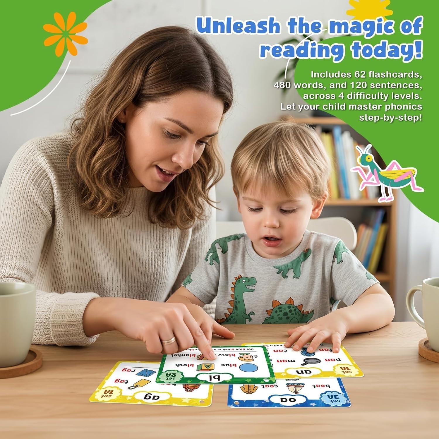Phonics Flash Cards for Kids Ages 4-8, 62 Cards, Sight Words Reading Games