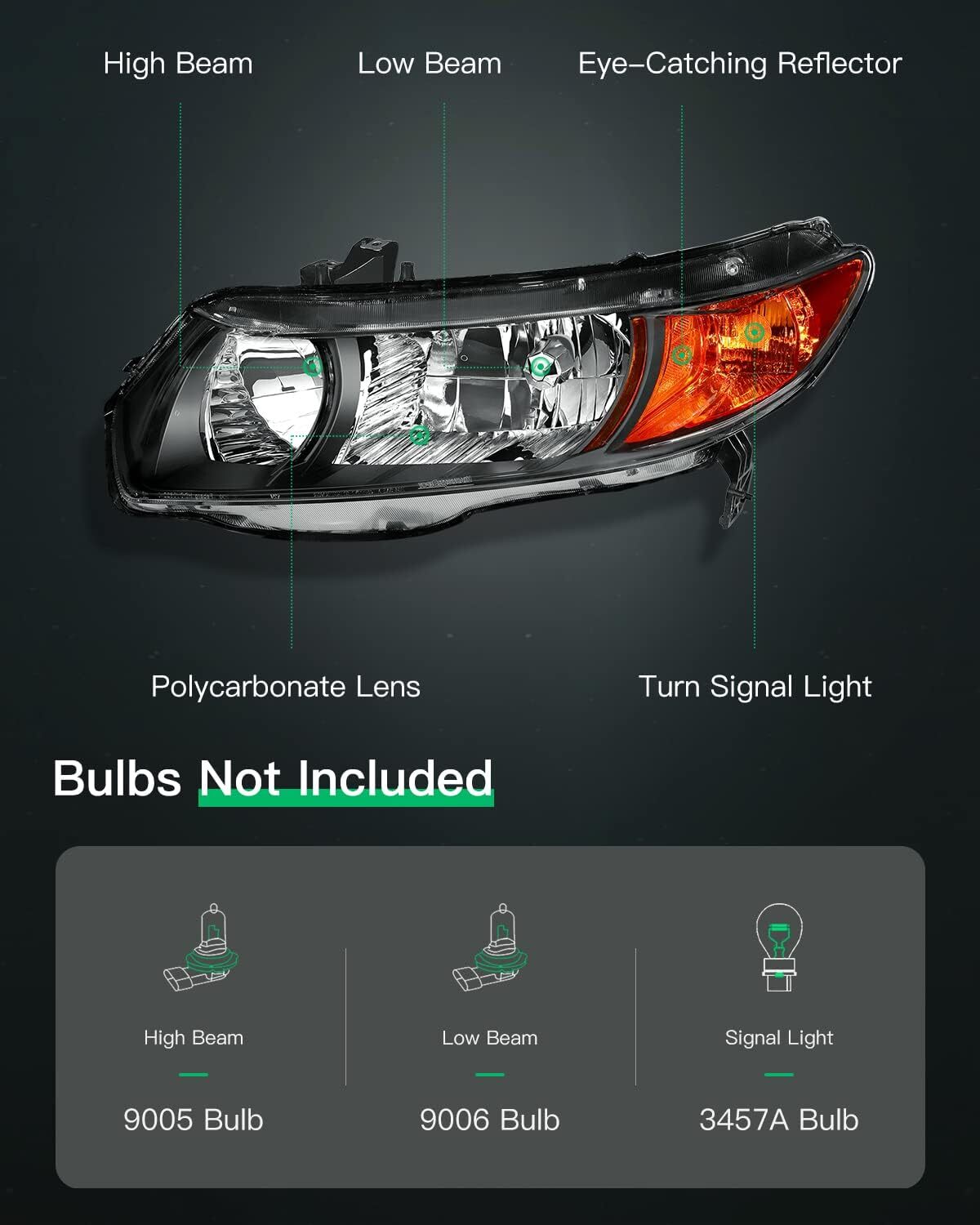 LSAILON Headlight Assembly Replacement Fit 2006-2011 For Honda Civic 2 Door