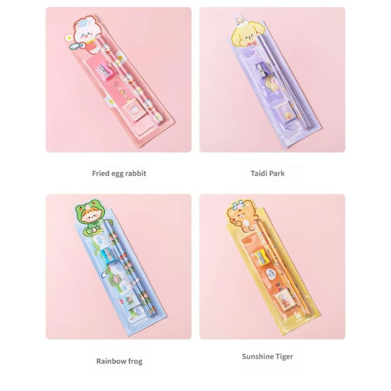 5 Pack Cartoon Wooden Pencils Kids Art Tools Eraser Sharpener Essential Set