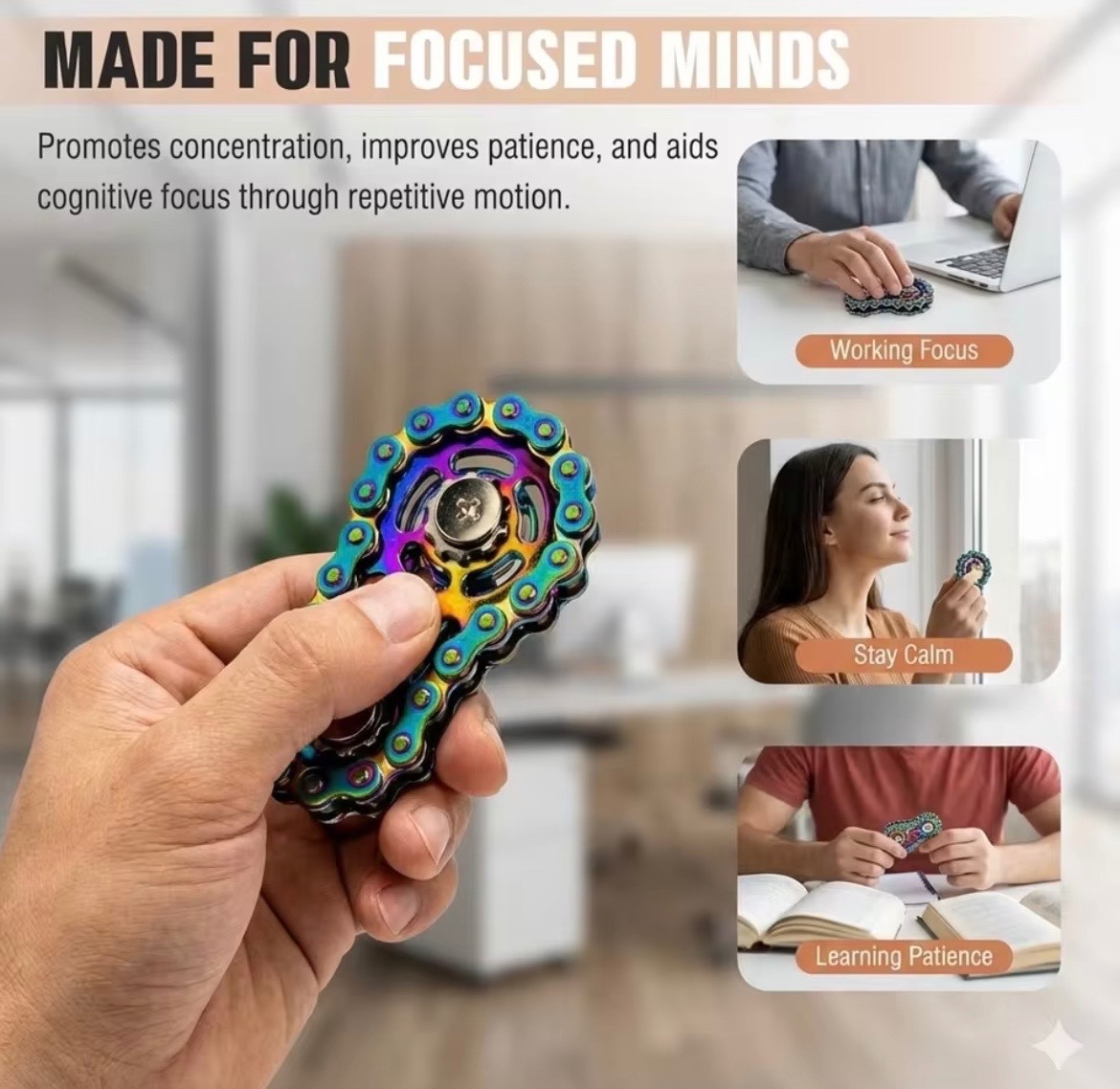 Rainbow Bicycle Chain Finger Spinner Stainless Steel Fidget Toy Stress Relief